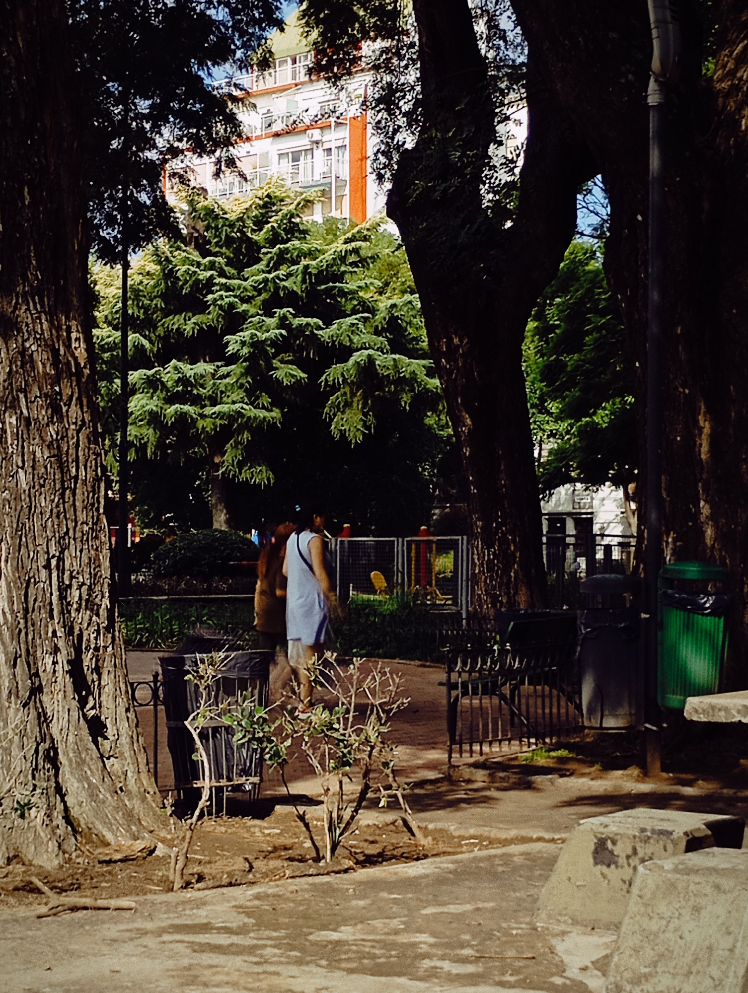 A daytime scene at Plaza Vicente López y Planes in Buenos Aires, Argentina. Tall, mature trees frame the view, partially obscuring a building in the background. A woman in a light blue dress walks away from the camera within a park-like setting bordered by a black iron fence. Trash receptacles, both dark and green, are visible along the path. Concrete seating blocks are located in the lower right corner. A small, bare bush stands near the path.