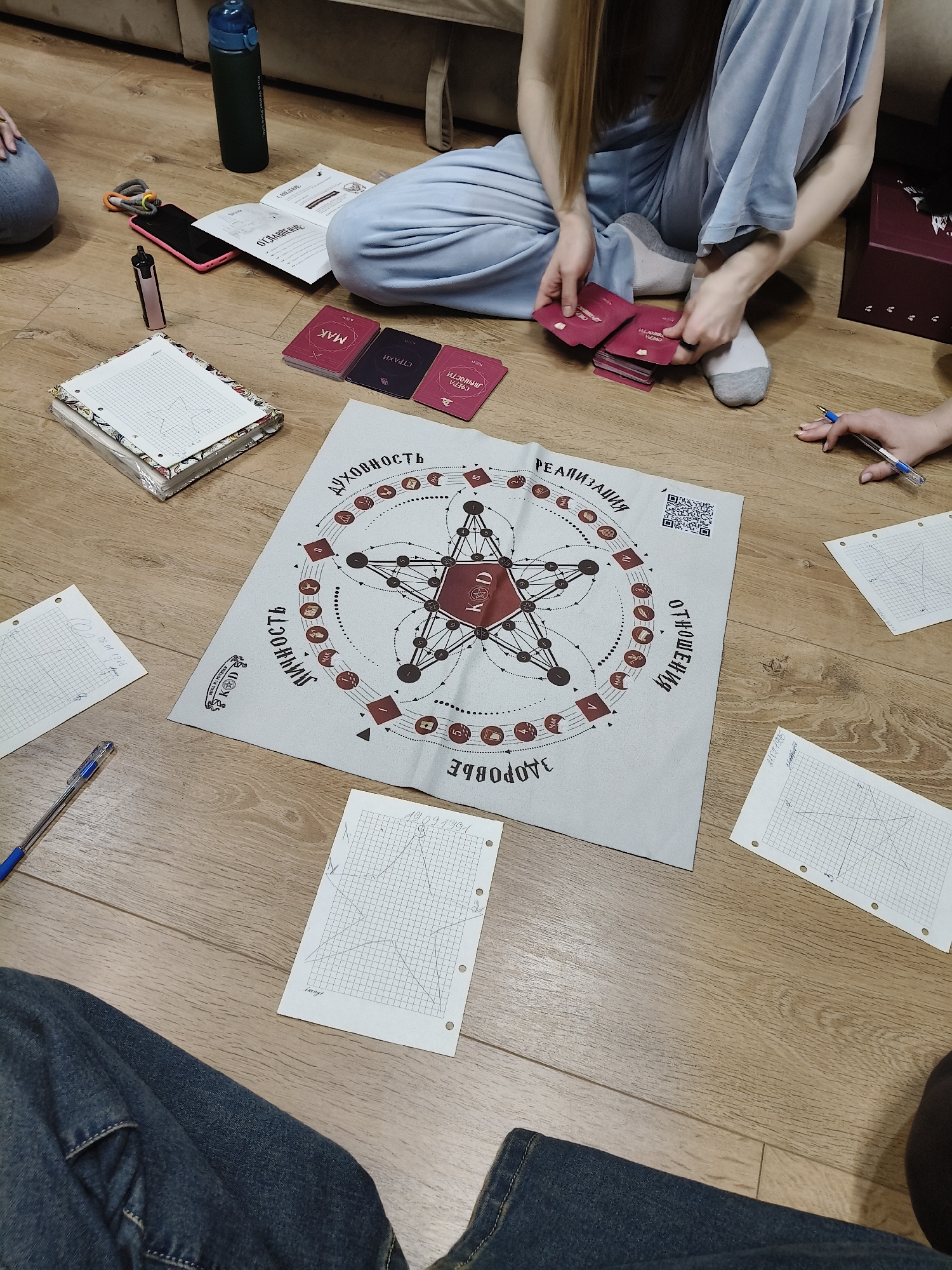 The scene depicts a group of people sitting on a wooden floor engaging in what appears to be a fortune-telling or divination activity.
**People:**
* Two individuals are prominently visible: one wearing light blue clothing and gray socks, holding red cards; another holding a blue pen and seemingly participating in the reading. Partial views of at least two other people wearing jeans are also visible.
**Subjects:**
* The activity revolves around a circular cloth with a star-shaped design, possibly a metaphysical diagram or chart. The cloth has words in Russian (e.g., "Духовность" - spirituality, "Реализация" - realization, "Здоровье" - health, "Отношения" - relationships, "Личность" - personality) written around the circle.
* Red cards with Russian writing ("MAK," "СТРАХИ," "СВЕРД ЛИЧНОСТИ") are placed near the cloth.
* Several sheets of graph paper are scattered around, some with hand-drawn graphs.
**Objects:**
* Wooden floor
* A notebook with grid paper
* A blue water bottle.
* A phone and a vaping device.
* A pen.
* A dark-colored box, possibly containing the cards.
**Actions and Interactions:**
* People are sitting on the floor, focused on the cloth and the cards. One person is holding a pen, possibly to record information or make notes on the graph paper. The cards are being handled, likely as part of the fortune-telling process.
**Environment:**
* The scene takes place on a wooden floor, possibly in a living room or a similar informal space. The edge of a sofa can be seen in the upper part of the image.
While the city of Chaikovsky, Russia is not directly referenced in the image, information found in the image mentions Russian script, which is consistent with this city's location in Russia.