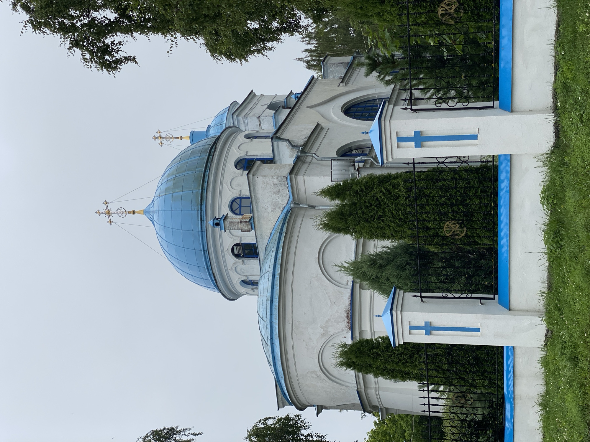 This is a vertical, eye-level, medium shot of a white Orthodox church with blue domes, situated in Priozersk, Russia. The church features a large, central blue dome topped with a golden cross, and a smaller blue dome to its right, also with a golden cross. The building's exterior is white stucco, showing some signs of age and wear. Arch-shaped windows with blue frames are visible. In the foreground, a low white wall topped with a blue band encloses the property. Ornate black metal fencing runs along the top of the wall, and white pillars with blue crosses stand at intervals along the fence. Tall, dark green evergreen trees are planted behind the fence, partially obscuring the church. The sky is overcast and a pale gray, suggesting a cloudy day. The immediate foreground consists of green grass with small white wildflowers. There are no people visible in the image. The scene is one of religious architecture set within a natural environment.