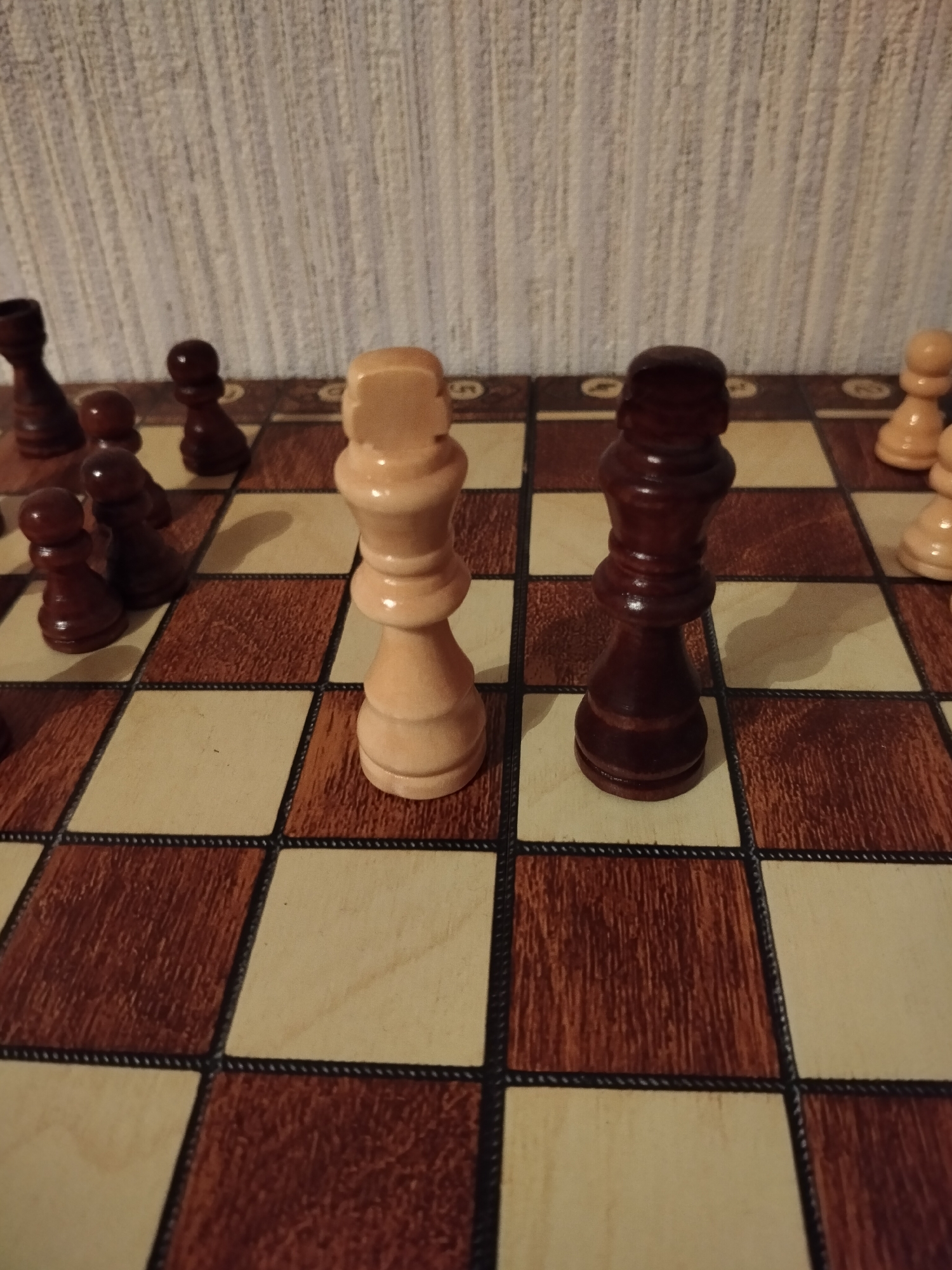 The image shows a close-up, overhead view of a wooden chessboard with several chess pieces. Two kings are prominently featured in the center of the board, one light-colored and one dark-colored, positioned on adjacent squares. Several pawns are visible in the background, some light and some dark, arranged on the squares. The chessboard itself has alternating light and dark brown squares with black borders. The background behind the chessboard is a textured, light-colored surface, possibly a wall or fabric. The lighting appears to be artificial and casts shadows from the chess pieces onto the board. The scene is static and there are no people visible. The image provides no information about the city of Orekhovo-Zuyevo, Russia.