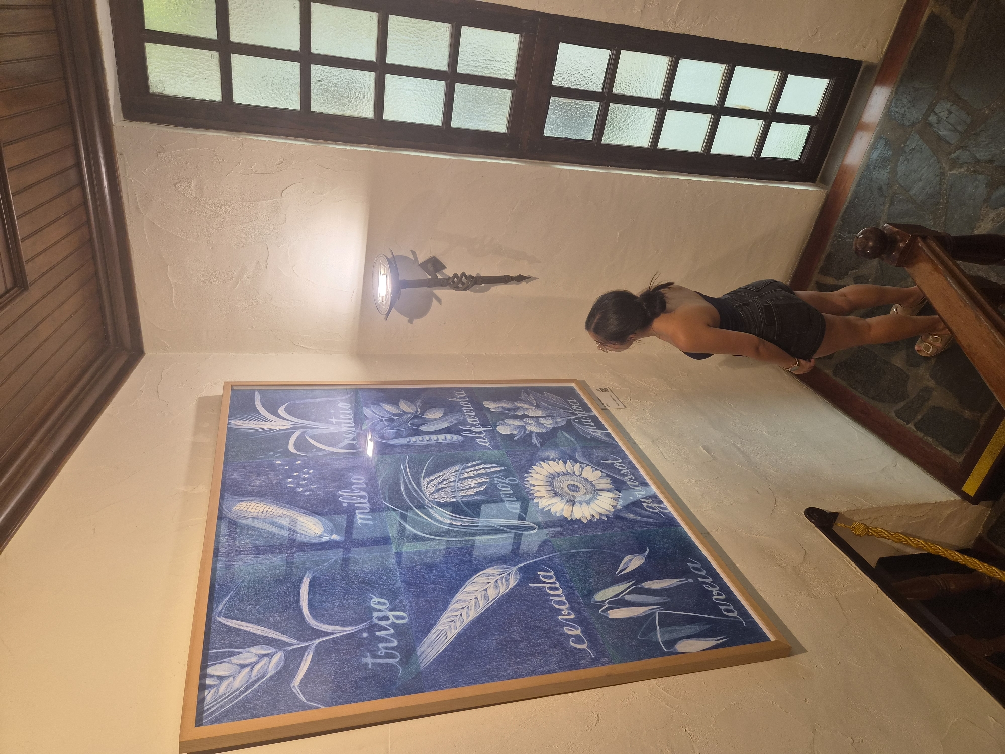 A woman stands on a staircase in what appears to be a museum or historical building in Seia, Portugal, observing a large framed artwork. The artwork, rendered in shades of blue and white, depicts various grains and plants, including wheat, corn, rice, oats, and a sunflower, with their names written in cursive in Portuguese. The woman, wearing a dark strapless top and denim shorts, is facing the artwork and looking up at it. The staircase has dark wooden banisters and treads, and the walls are textured and painted white. A vintage wall sconce illuminates the space. To the right of the woman is a tall, multi-paned window with frosted glass. The flooring is composed of irregular stone tiles.