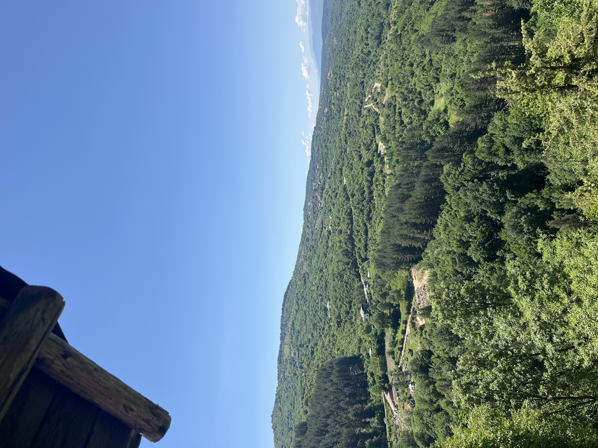 The image depicts a sunny, daytime view in Kovachevitsa, Bulgaria, looking out over a densely forested mountain slope. The sky is clear blue. In the foreground on the left is part of a weathered wooden structure, possibly the roof of a building. The mountain slope is covered with lush, green trees, with patches of varying shades suggesting different types or densities of vegetation. A few small buildings are visible nestled among the trees on the mountainside. In the distance, the peaks of other mountains can be seen.