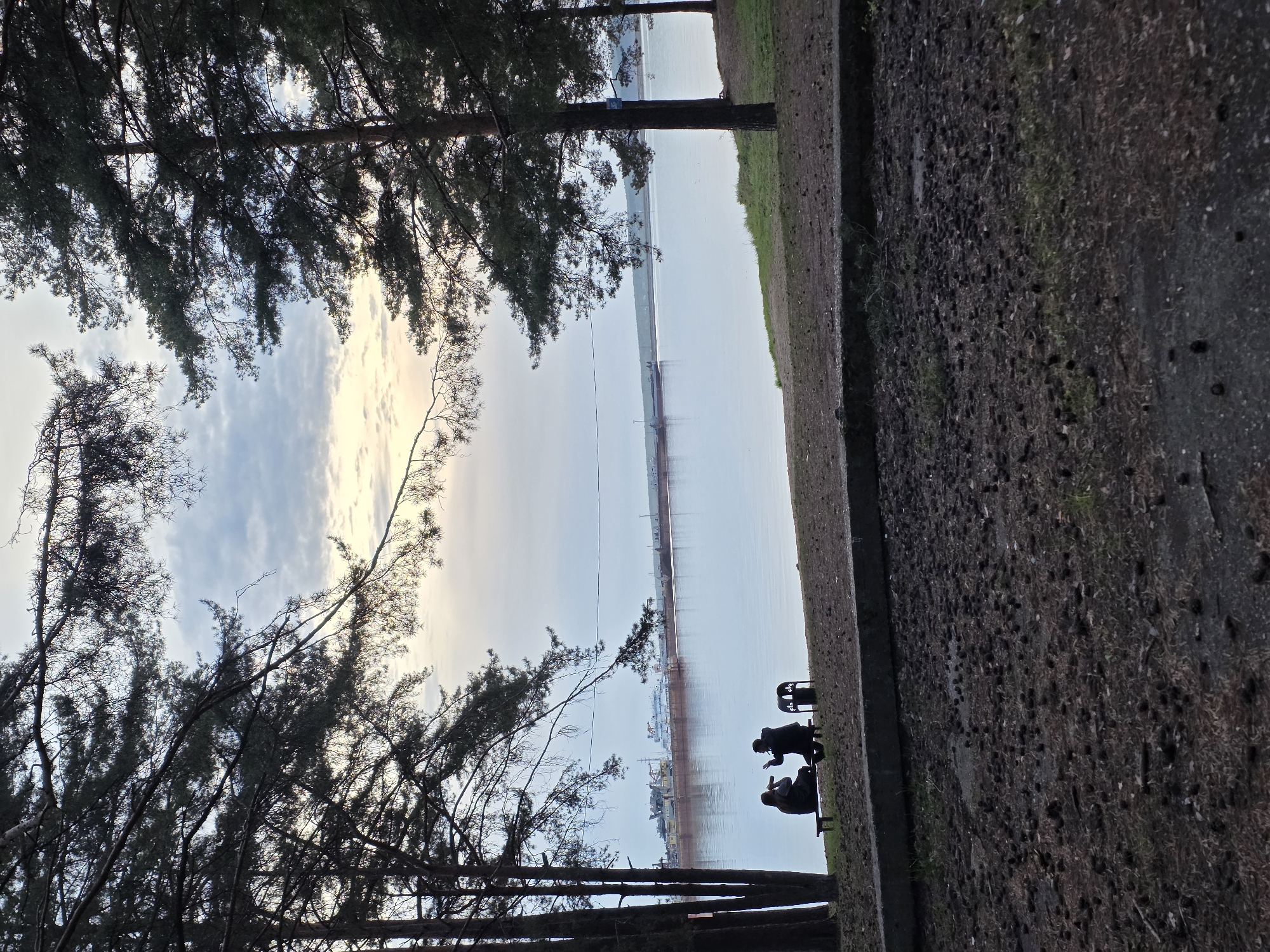 The image shows a view from a park in Chaikovsky, Russia, overlooking the Kama River. The foreground features trees on the left and a concrete embankment on the right. Two people are sitting on a bench, facing the river. In the background, the river reflects the sky, and industrial structures, possibly related to a shipyard or port, are visible along the opposite bank. The sky is partially cloudy.