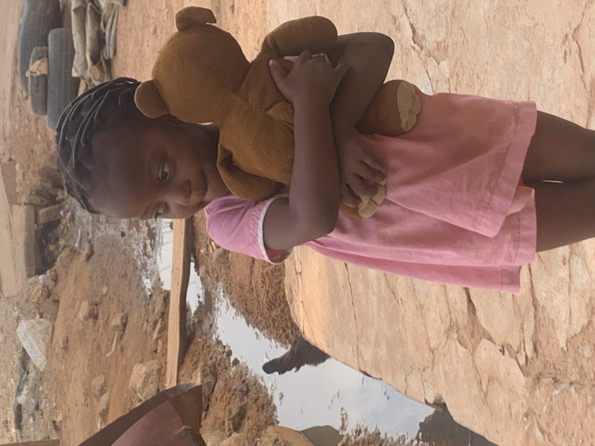 A young girl with braided hair wearing a light pink dress is holding a brown teddy bear. She stands in an environment that appears to be Sabon Tasha, Nigeria. The ground is dirt, with a stream of water flowing nearby. Discarded tires are in the background, along with other discarded refuse.