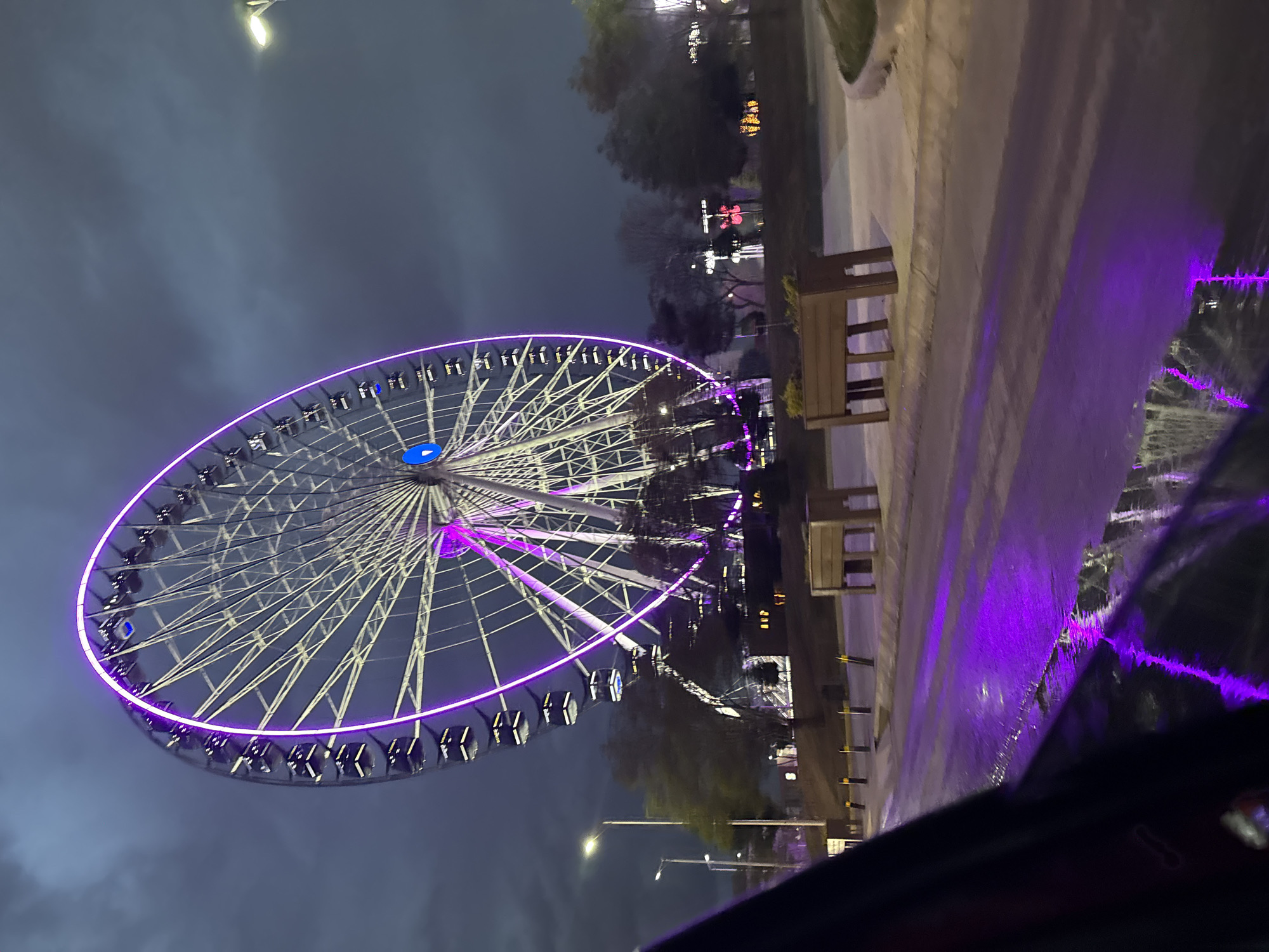 The image captures a Ferris wheel illuminated with purple lights against a dark sky. The Ferris wheel is prominently featured on the left side of the image, occupying a significant portion of the frame. To the right of the Ferris wheel, there is a paved area with benches. Trees and other vegetation are visible in the background, and streetlights illuminate the scene. A portion of a vehicle's dashboard is visible in the foreground on the right side of the image. The location is likely in Puebla, Mexico, as the Ferris wheel is a known landmark in the city.
