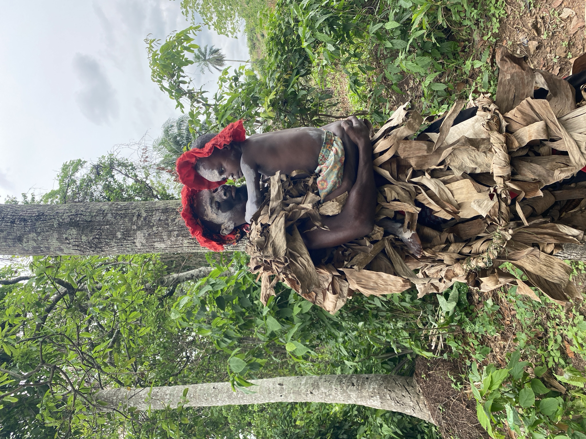 This image captures two individuals, an adult and a child, engaged in what appears to be a traditional or ceremonial event in a lush, outdoor environment in Achara, Nigeria. The adult, with dark skin, is partially covered in a costume made of dried, brown leaves, likely banana leaves, which are wrapped around their lower body and torso. Their face and parts of their body are painted or dusted with white powder, and they wear a vibrant red, ruffled headpiece.
The adult is holding a younger child, also with dark skin, who has white paint on their face and body, and a similar red, ruffled headpiece. The child is wearing a patterned fabric garment around their waist and is looking up towards the adult's face with a focused gaze. The adult's expression is serene, looking either at the child or slightly upwards.
They are surrounded by abundant green vegetation, including dense bushes and the trunks of large trees that frame the scene. The ground is visible beneath them, consisting of earth and some undergrowth, along with more dried leaves. The sky above is overcast, suggesting daytime. The elaborate attire and body paint indicate a cultural ritual or performance, highlighting a moment of connection between the adult and child within this natural setting. There is no visible text in the image.