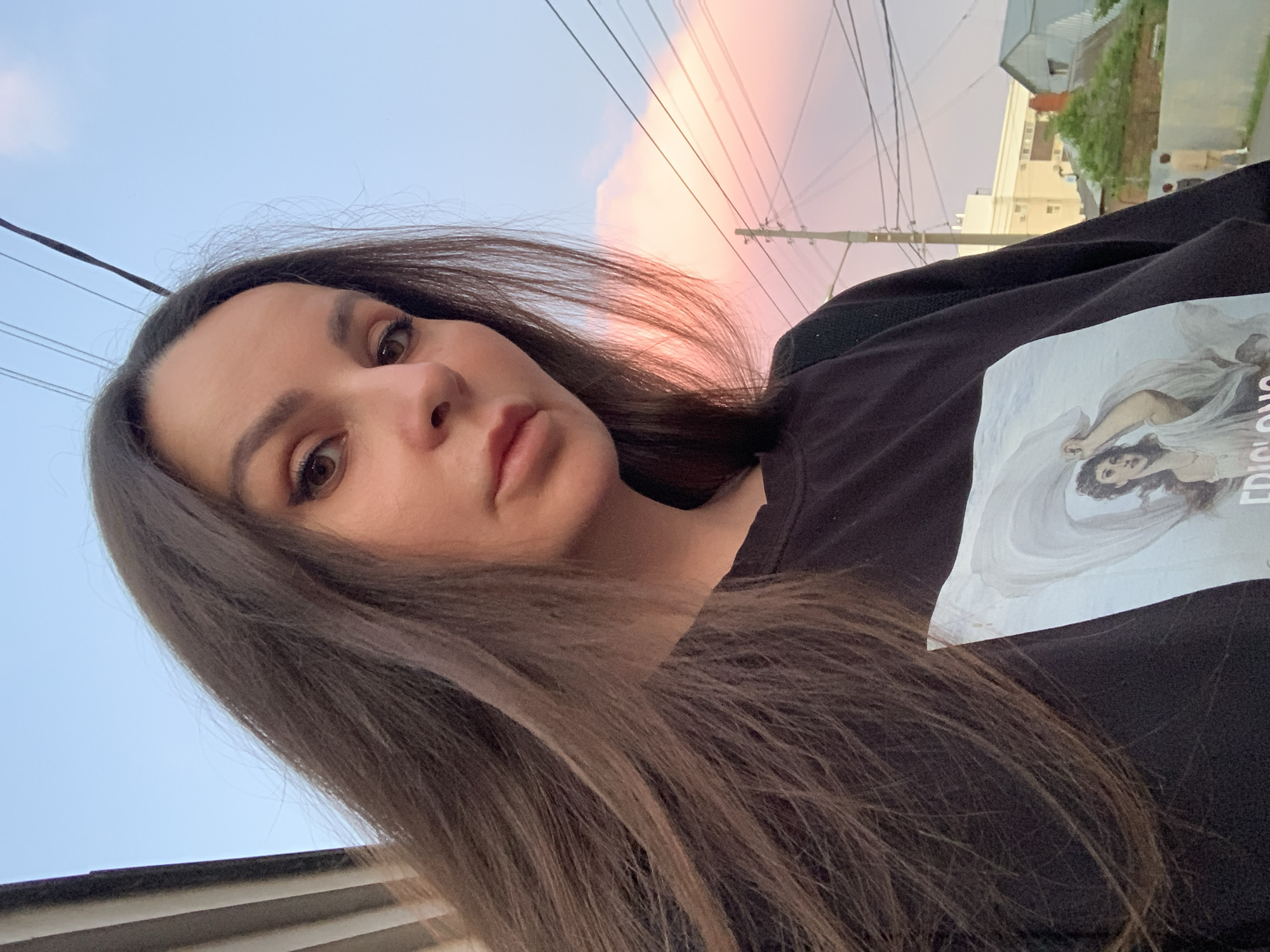 A selfie of a woman with long, dark brown hair, taken outdoors. She is wearing a black t-shirt with a white graphic on the front featuring a painting of a woman. The background shows a cloudy sky with pink and blue hues, power lines, and distant buildings, suggesting an urban or suburban setting. The woman's face is partially visible, with her right eye and lips in focus. The lighting indicates it is either dawn or dusk.