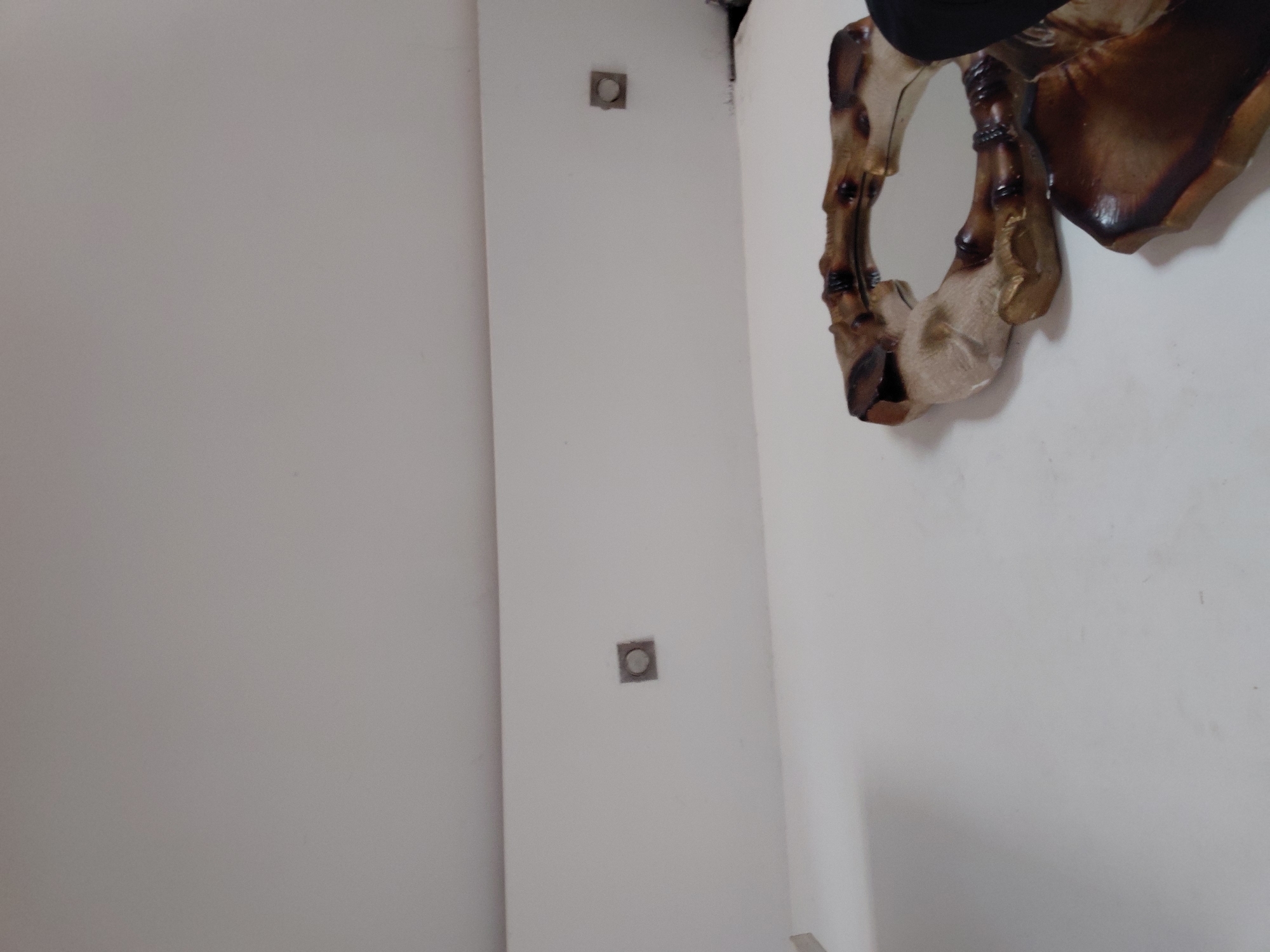 The image captures an interior scene, primarily focused on a plain white wall. The perspective is angled, showing a large expanse of the wall.
On the left side of the frame, two square, recessed fixtures are visible on the white wall. Each fixture has a distinct circular element within its center. One fixture is positioned higher than the other.
On the right side of the image, a decorative wall-mounted object is prominently displayed. This piece appears to be a mirror or an ornamental sculpture, fashioned from a material resembling carved wood or a similar composite, exhibiting both dark brown and lighter, almost golden-brown tones. It features an organic, irregular, and somewhat abstract design with flowing, textured forms. A reflective surface is visible within its structure, suggesting it functions as a mirror. A dark, indeterminate object is partially visible at the very top right edge of the frame, situated above the decorative item.
The scene is static, with no discernible activity or human presence. The lighting is even, indicating an indoor environment. There is no visible text. The setting is an interior space in Santa Ana, Venezuela.