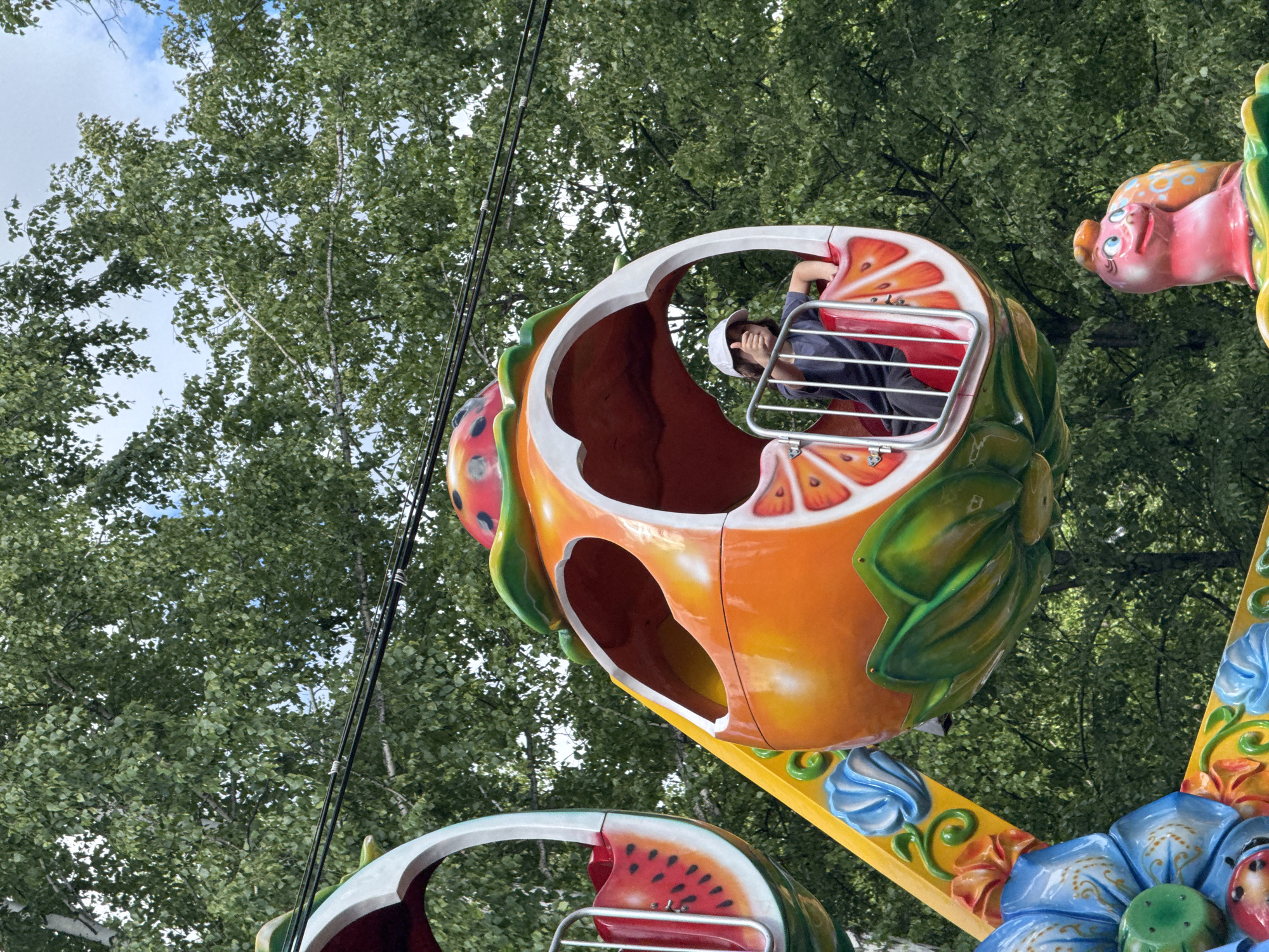 The image shows a fruit-themed ride in what appears to be an amusement park. The ride has several cars shaped like fruit slices. One car, shaped like an orange slice, contains a person wearing a white cap. The background includes green trees and part of the sky. The location is Chaikovsky, Russia.