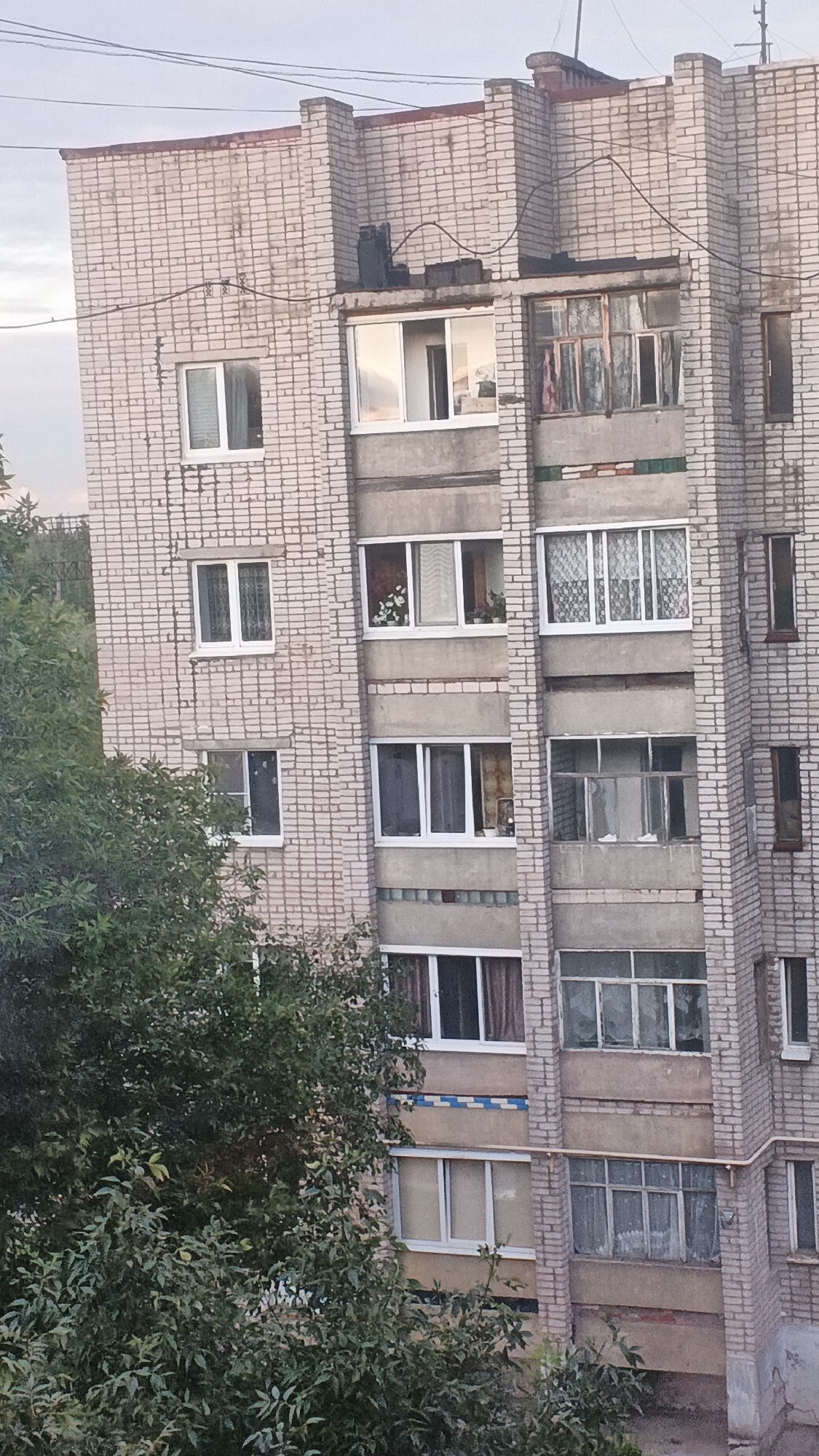 The image shows a close-up view of the side of a multi-story apartment building in Izhevsk, Russia. The building is constructed with light-colored brick and has multiple windows and balconies. A large tree with dark green foliage partially obscures the lower left side of the building. The sky above is overcast and appears to be either early morning or late evening. The building's facade shows signs of age and wear, with some discoloration on the brickwork and older-style window frames on some of the balconies. The windows vary in style, with some appearing to be modern replacements. The overall impression is of a typical residential building in a Russian city.