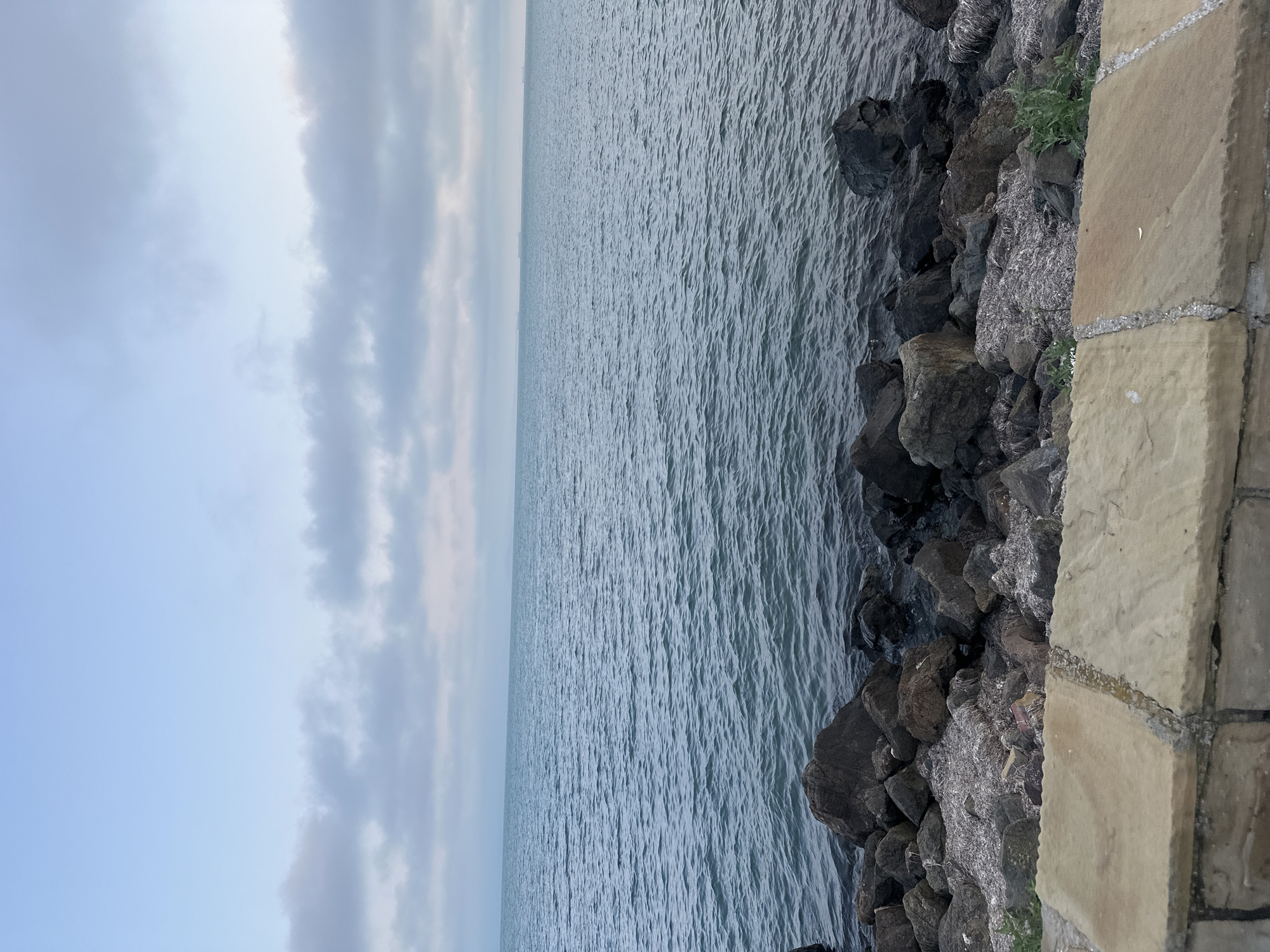 The image depicts an expansive view of a large body of water under an overcast sky, with a rocky shoreline and a stone barrier in the foreground.
The upper approximately 40% of the image is occupied by the sky, which transitions from a light, clear blue at the top to a muted grey-blue lower down. Scattered, diffused grey clouds are present across the middle and lower portions of the sky.
The middle section, constituting roughly 45% of the image, is a calm body of water, likely a sea or large bay. The water surface is characterized by small, consistent ripples, giving it a slightly textured appearance. Its color is a deep, desaturated blue-grey. On the far horizon, a faint, irregular line suggests distant landmasses or several large ships, particularly visible on the right side of the frame.
The shoreline, occupying a narrow band above the foreground, consists of numerous dark, irregularly shaped rocks, appearing as a natural or man-made rocky embankment. Patches of lighter, fibrous material, possibly dried seaweed or debris, are interspersed among the rocks. Sparse green vegetation grows at the base of these rocks.
The immediate foreground, comprising the bottom approximately 15% of the image, features a low, flat-topped stone barrier. This barrier is constructed from large, rectangular blocks of light tan-colored stone, with a distinct mortar line dividing two visible blocks. A darker, narrower course of masonry is visible beneath these blocks.
There are no people or animals visible in the scene. No specific actions or interactions are depicted. The environment suggests an outdoor coastal or lakeside setting. The location is not discernible from the image and remains Unknown, Unknown.