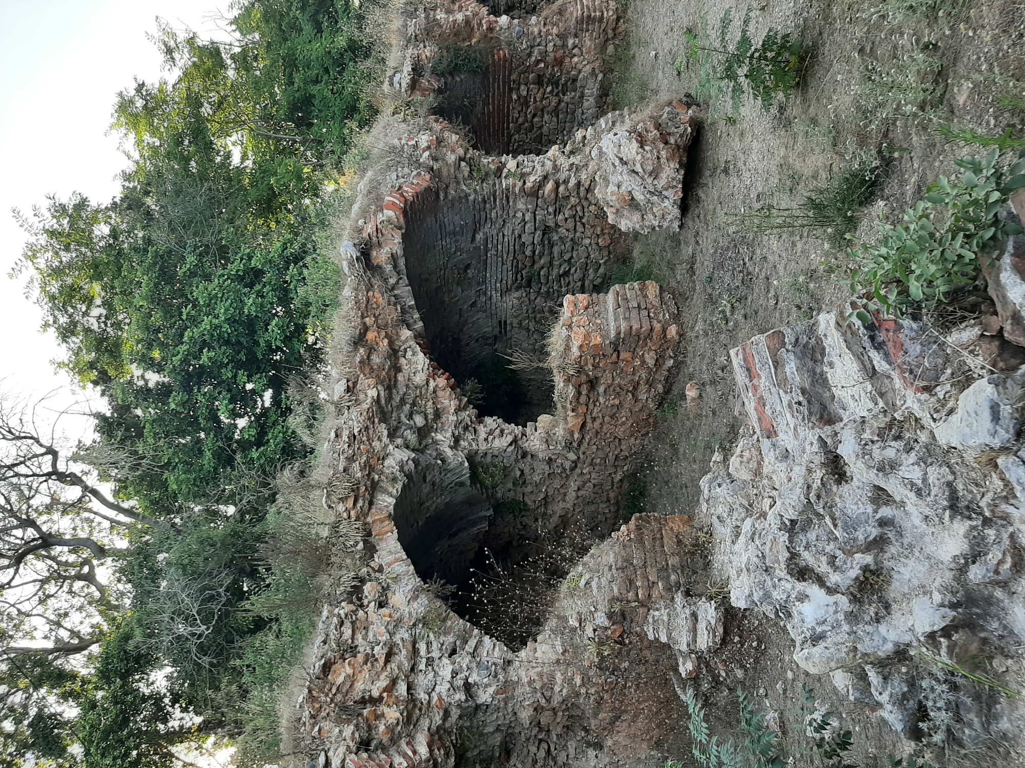 The image shows the ruins of an ancient structure, possibly an aqueduct or cistern, located in Alanya, Turkey. The ruins are made of stone and brick, with arched openings that lead into dark, cavernous spaces. Overgrown vegetation, including trees and shrubs, surrounds the ruins, suggesting they are in a natural or park-like setting. The ground is covered in dirt, gravel, and scattered rocks. The overall scene conveys a sense of age and decay, with the ancient architecture being reclaimed by nature.