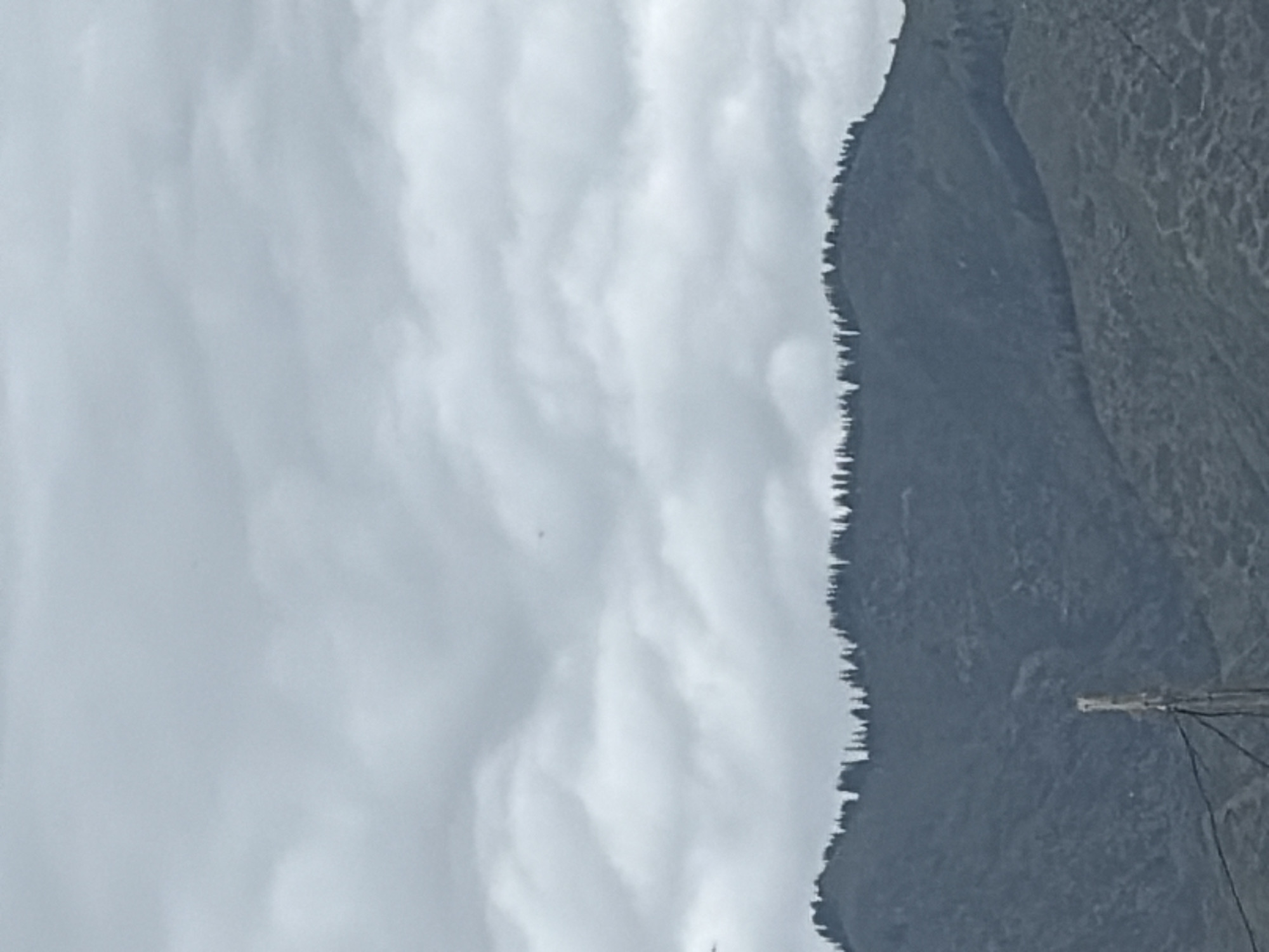 The image depicts a view of a mountain range under a cloudy sky. The mountains are covered in dark vegetation, appearing as a dense forest on the slopes. The crest of the mountain range is lined with what appears to be numerous trees, creating a jagged silhouette against the sky. The sky itself is filled with heavy, gray clouds, suggesting overcast weather. In the foreground, a cellular tower or similar structure is visible, with wires extending from it and out of frame. The overall scene is muted in color due to the cloudy conditions.