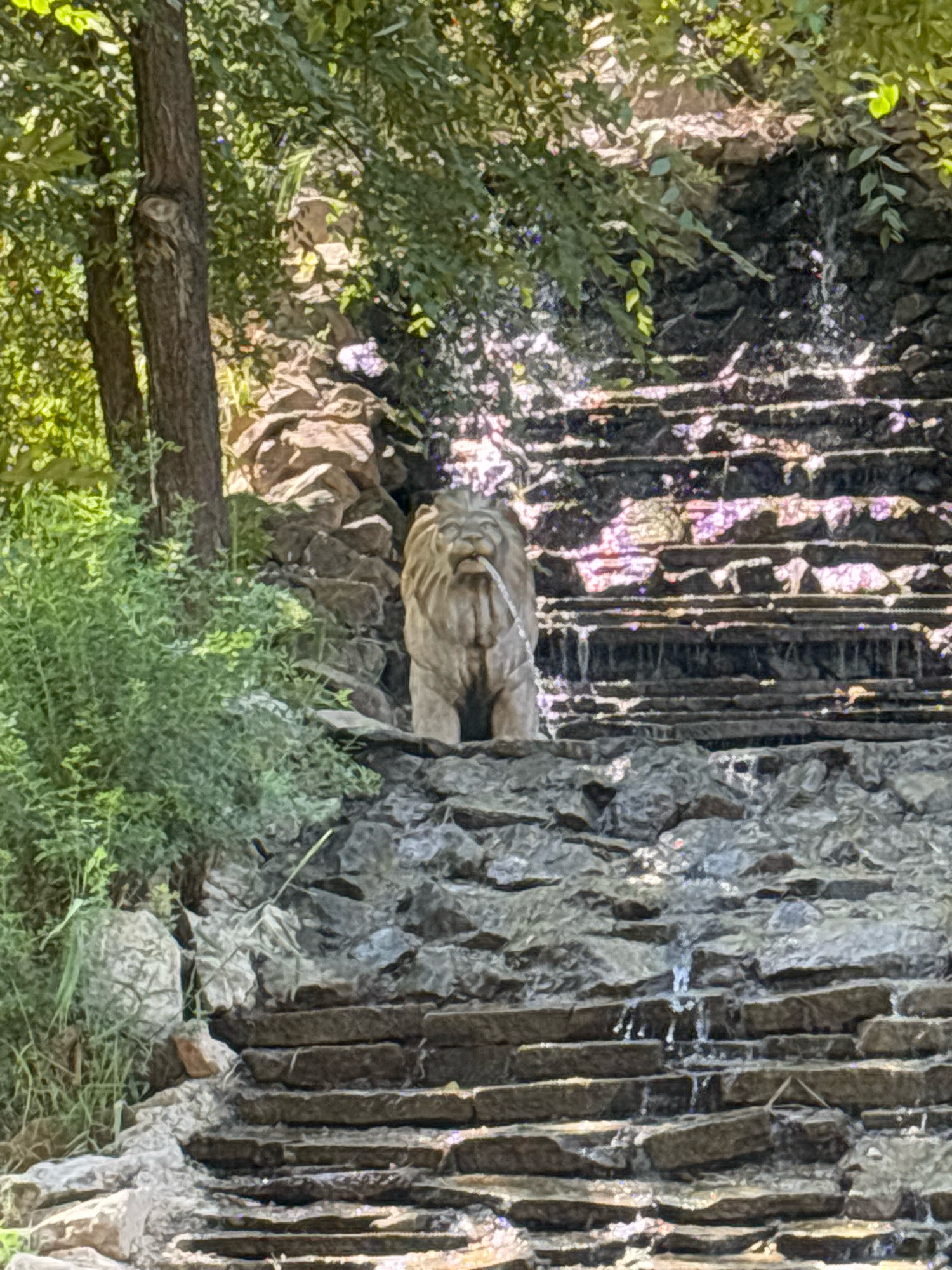 The image shows a stone lion statue in a tiered rock waterfall. Water is seen spraying from the lion's mouth, cascading down the stone steps. The scene is surrounded by lush green foliage, with trees on the left and dense bushes. The waterfall is constructed with rough-hewn stones, creating a naturalistic effect. The lighting suggests it is daytime, with sunlight filtering through the leaves, creating dappled patterns on the rocks and water. The statue of the lion appears weathered, indicating it may be an established feature. The overall setting suggests a park or garden environment. This specific waterfall with a lion statue is located in the Arboretum of Shymkent, Kazakhstan.