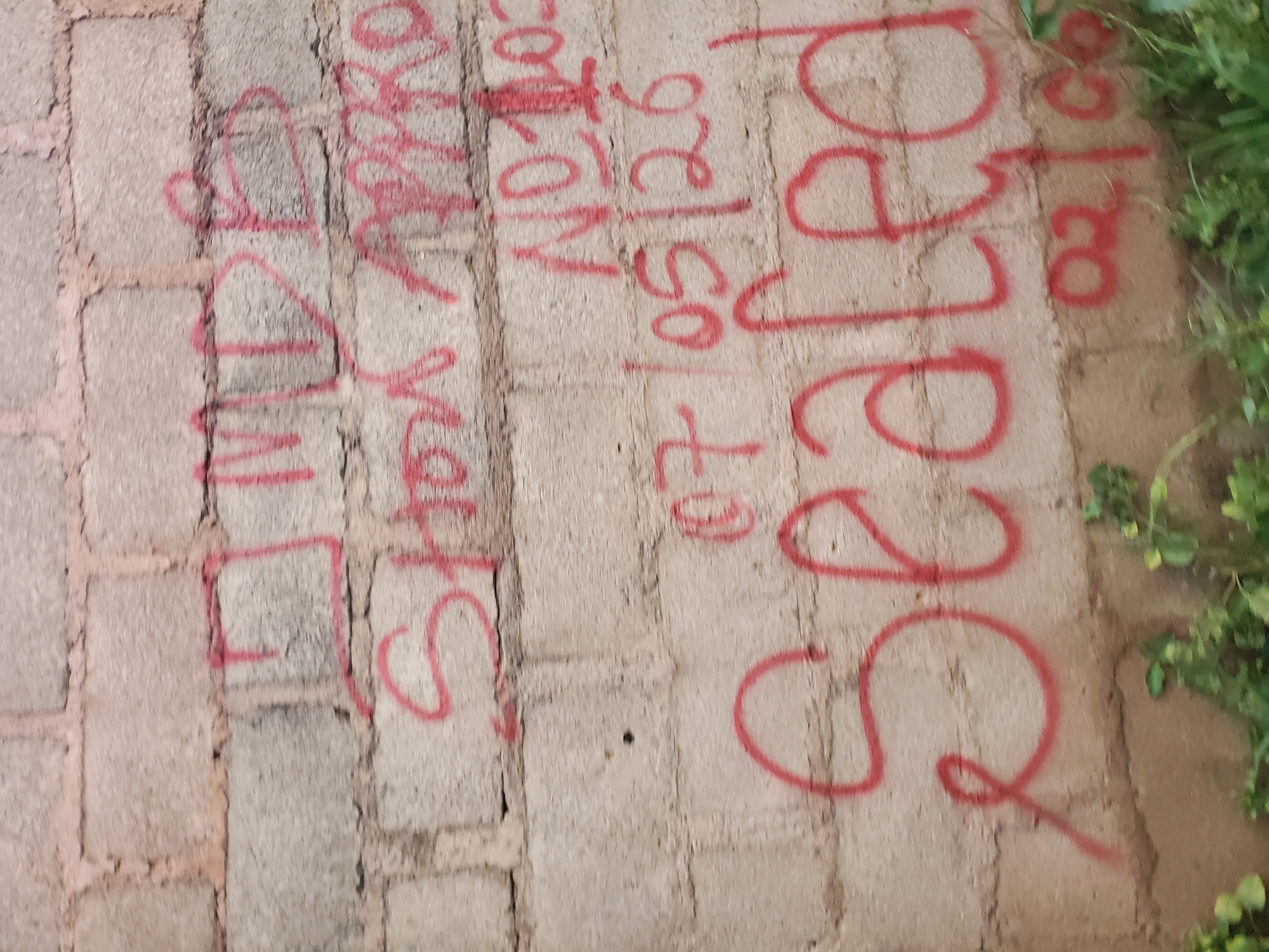 The image shows a section of a rough, unfinished concrete block wall in Bukuru, Nigeria, covered in red spray paint graffiti. The graffiti is weathered and appears to be several lines of text and numbers. The top line is partially visible and reads "IMBE" with what appears to be a heart shape to the right of the 'E'. Below this, a line reads "Show Appro". To the right of these, another line of text reads "NO103". Below that, "07/05/26" is written. The largest and most prominent graffiti reads "Sealed" in thick red letters. At the bottom of the image, further red writing is visible but less legible, possibly reading "02.10.08". The wall itself is constructed of grey concrete blocks with pink mortar. Green foliage is visible at the bottom of the image, partially obscuring the lower part of the wall. The lighting suggests it is daytime.