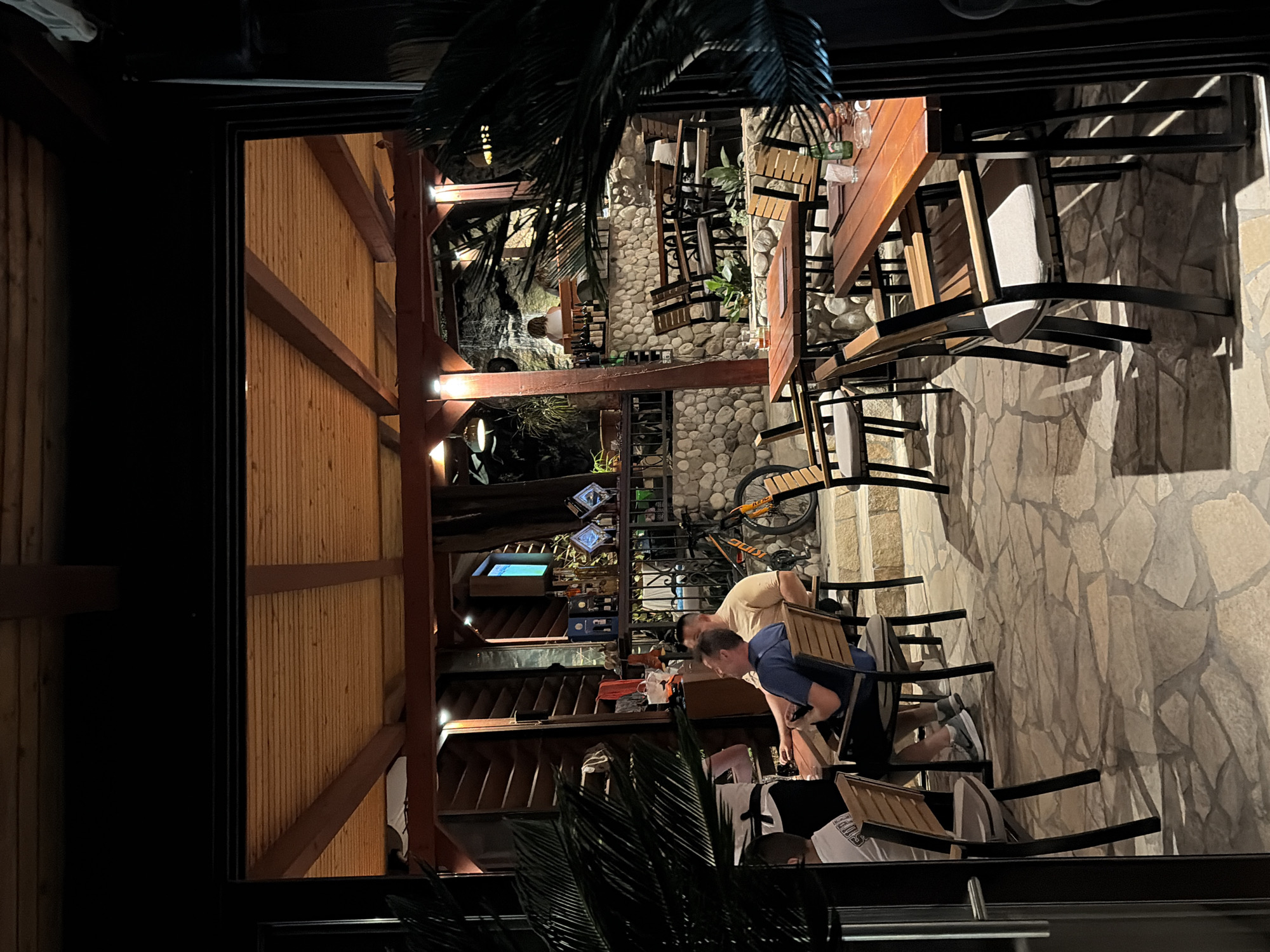 The image depicts an outdoor seating area of a restaurant at night, likely in Boreti, Montenegro, with a stone-paved floor and a wooden canopy overhead. Several tables and chairs are arranged on the patio. In the foreground, two men are seated at a table, one in a blue t-shirt and the other in a tan t-shirt, seemingly engaged in conversation or dining. Further in the background, a person is visible near a rock wall with a small waterfall, and there are shelves displaying bottles, suggesting a bar or display area. A bicycle with orange accents is parked near the rock wall. The lighting is artificial, with lamps illuminating the space, creating shadows on the stone floor. Lush green plants, including palm fronds, are visible on the sides of the image, framing the scene. The overall atmosphere appears to be relaxed and convivial.