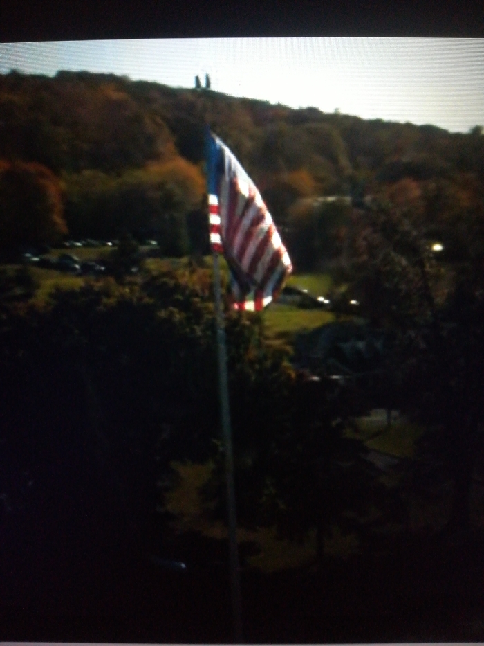 An American flag waves gently in the breeze against a backdrop of rolling, tree-covered hills. Fall foliage dots the landscape, hinting at a seasonal transition. Cars are parked in the distance near a building or structure. The image is taken from a slightly elevated viewpoint, suggesting a vantage point from a window or higher ground. The lower portion of the frame is dominated by shadowy trees, creating a contrast with the brighter background.