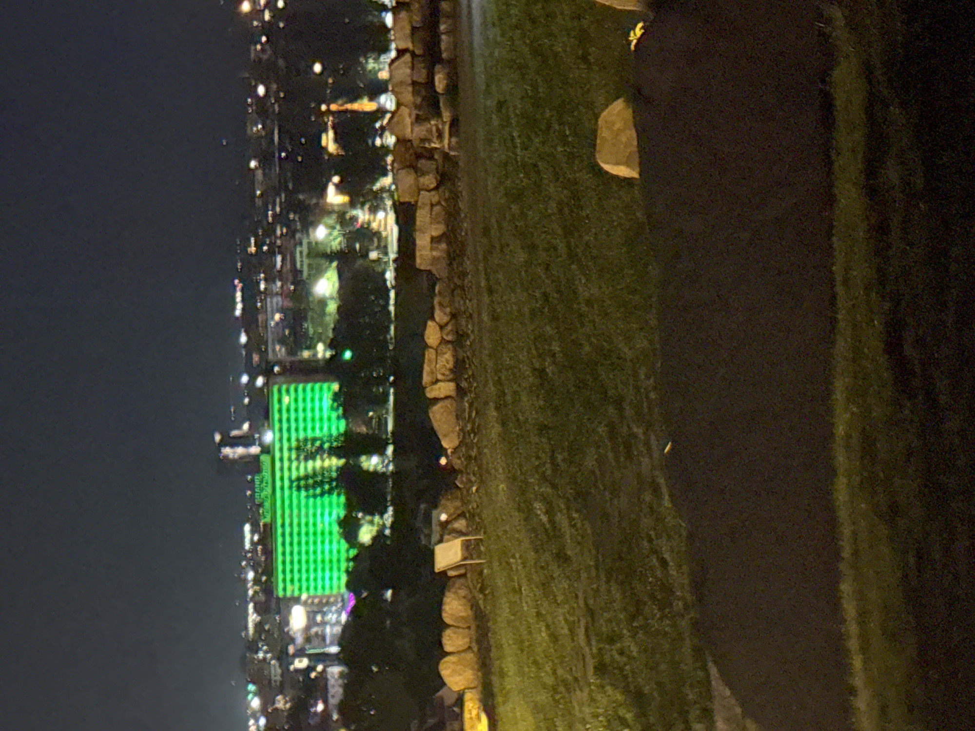 The image shows a night view in Plovdiv, Bulgaria. In the distance is a green building, likely reflecting lights. The foreground has a stone wall and grassy area. A dark path borders the grass. Streetlights are visible within the city.