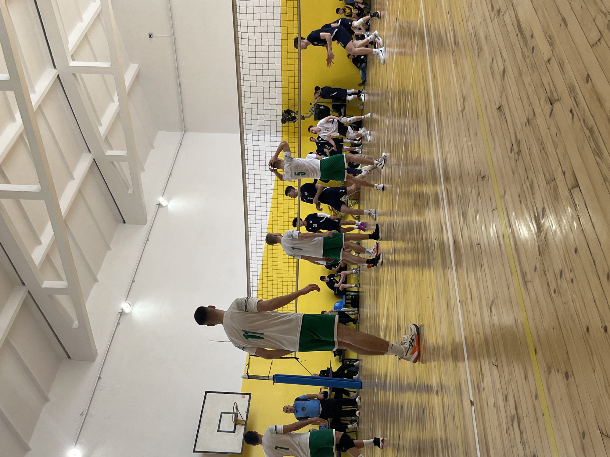A volleyball team is practicing in a gymnasium. The gym has a yellow and white color scheme. The floor is wooden. Players in white and green uniforms stand on one side of the net while players in navy and white uniforms are on the other side. Additional players are seated on chairs. A basketball hoop is mounted on the wall. The location is likely a gymnasium in Pazardzhik, Bulgaria.