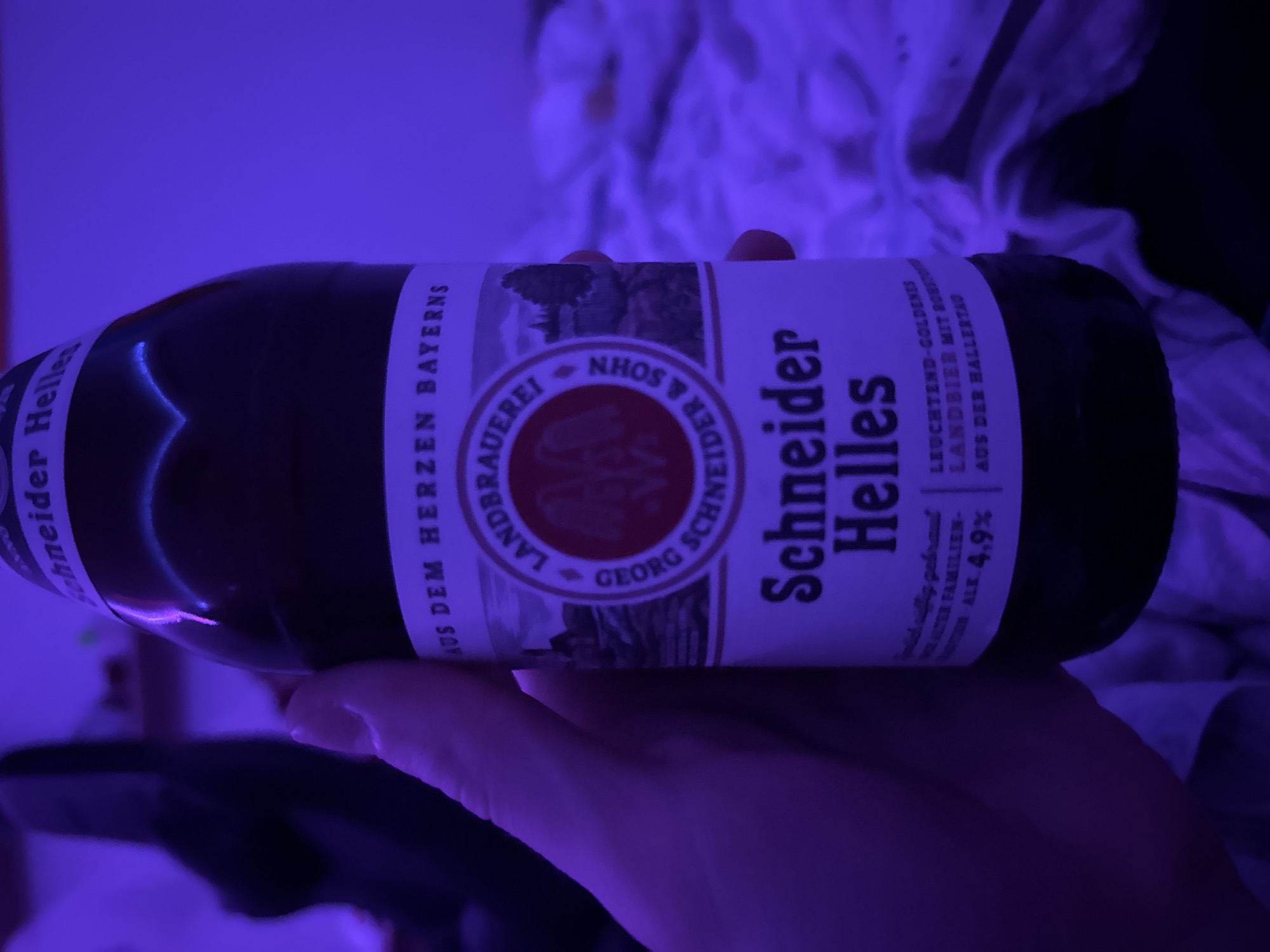 A hand is holding a dark glass bottle of Schneider Helles beer. The label on the bottle is white with purple and red text and graphics. The text visible on the label includes "SCHNEIDER HELLES", "AUS DEM HERZEN BAYERNS", "LANDBRAUEREI", "GEORG SCHNEIDER & SOHN", "LEUCHTEND-GOLDENES LANDBIER MIT ROHSTOF-" and "AUS DER HALLERTAU". The bottle is partially obscured by the hand. The background is blurry and appears to be a room with bedding. The lighting in the scene is purple. There is no information about the location in Parchim, Germany.