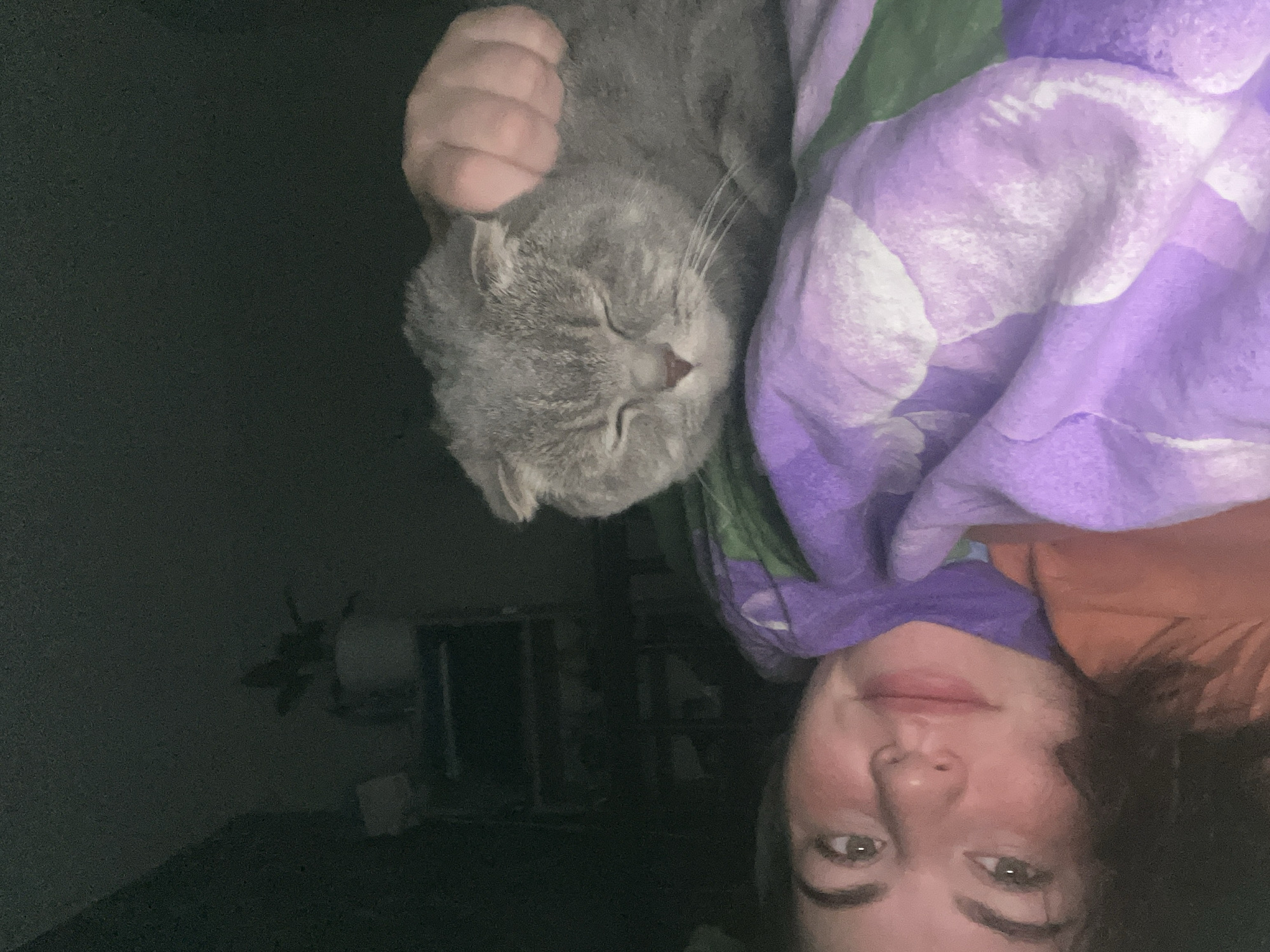 A young adult female and a grey tabby cat are depicted in a dimly lit indoor setting, consistent with a bedroom, in Chaikovsky, Russia. The female lies on her side, looking towards the camera, with her face illuminated and dark hair visible. She is partially covered by a duvet featuring a purple, white, and green abstract pattern. Adjacent to her, a grey tabby cat with distinct folded ears rests, eyes closed, suggesting sleep or deep relaxation. A human hand, presumed to belong to the female, is positioned on the cat's head/back. The background is dark and out of focus, revealing the faint outline of a potted plant in a white container and indistinct furniture or shelving.