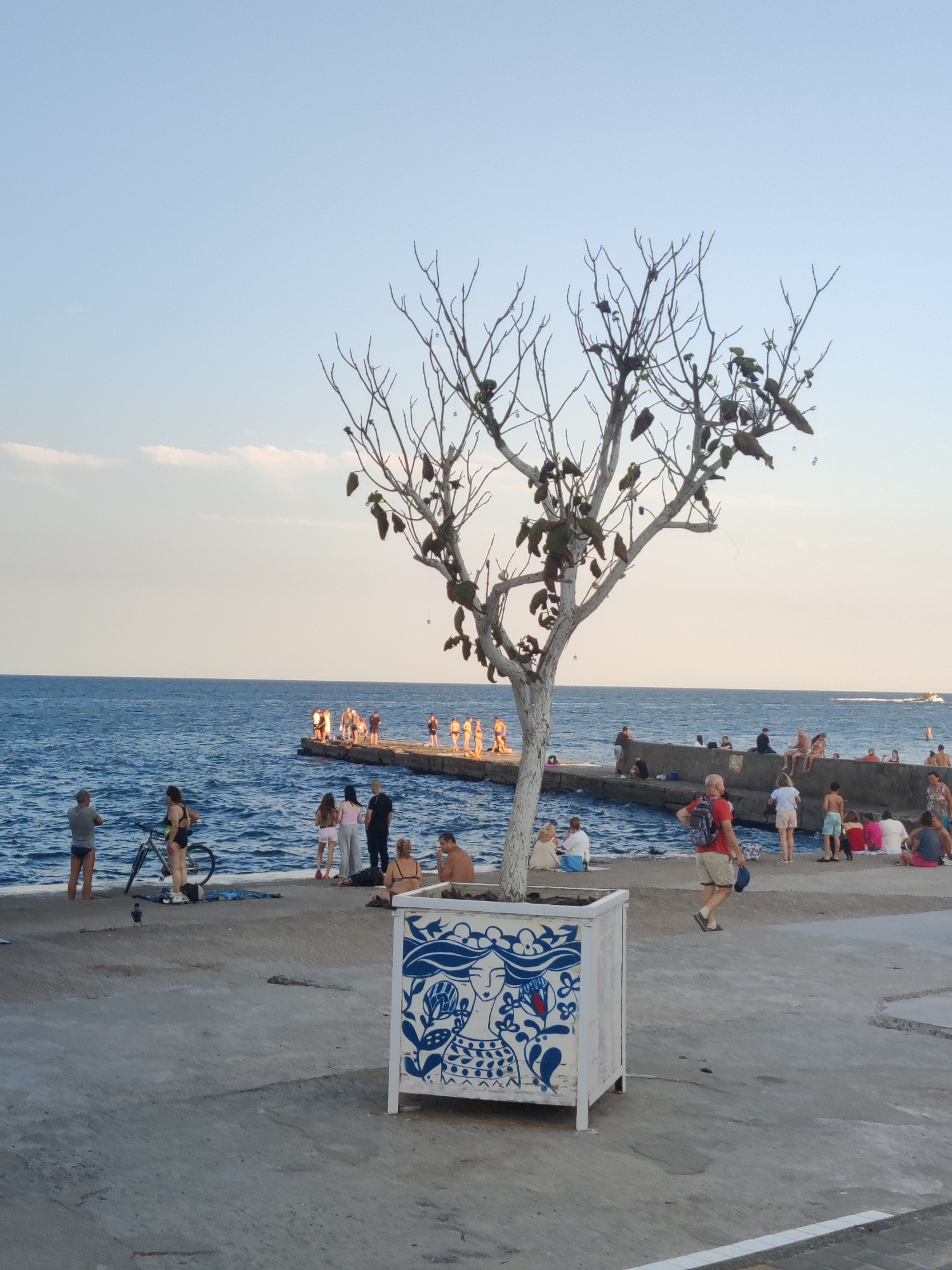 The image depicts a seaside scene in Odesa, Ukraine, likely during late afternoon or early evening. The foreground is dominated by a paved promenade with a decorative planter box featuring blue and white folk art. To the left, a leafless tree stands in the planter, its bare branches reaching towards the sky. A solitary bird is visible on the promenade.
In the midground, a crowd of people are gathered on and around a concrete pier that juts into the sea. Some individuals are standing, while others are sitting or leaning against the pier's edge. The sea is a vibrant blue with moderate waves.
Further back, the horizon is marked by a clear sky with a few wispy clouds. The overall atmosphere suggests a leisurely day at the beach, with people enjoying the seaside ambiance.