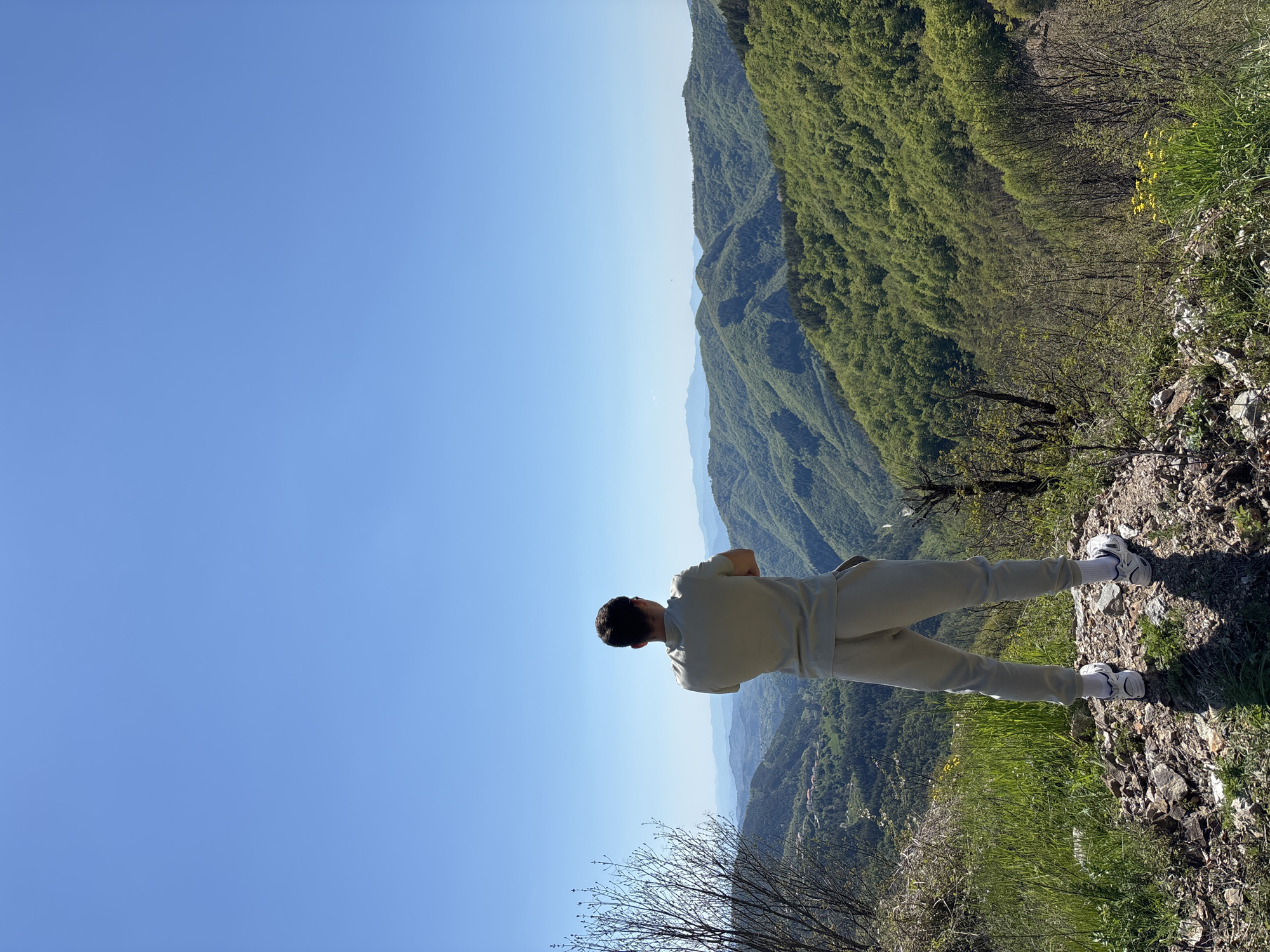 A person stands on a rocky outcrop overlooking a mountainous, forested landscape beneath a clear, blue sky. The location is Petrov Dol, Bulgaria. The individual, seen from behind, wears a light-colored t-shirt, light-colored pants, white socks, and white sneakers. The person stands near the edge, looking out at the vista. The terrain features varying shades of green.