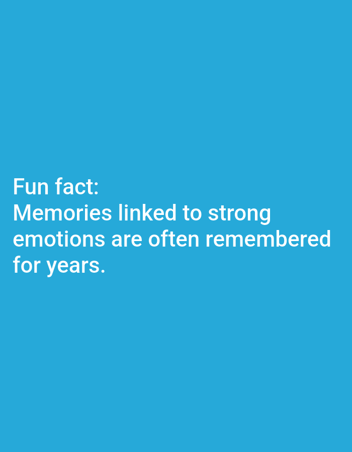 The image is a digital graphic with white text on a solid blue background. The text reads "Fun fact: Memories linked to strong emotions are often remembered for years." There are no people, objects, or discernible environmental features present in the image. The location of Lagos, Nigeria, is not depicted or implied in any way.