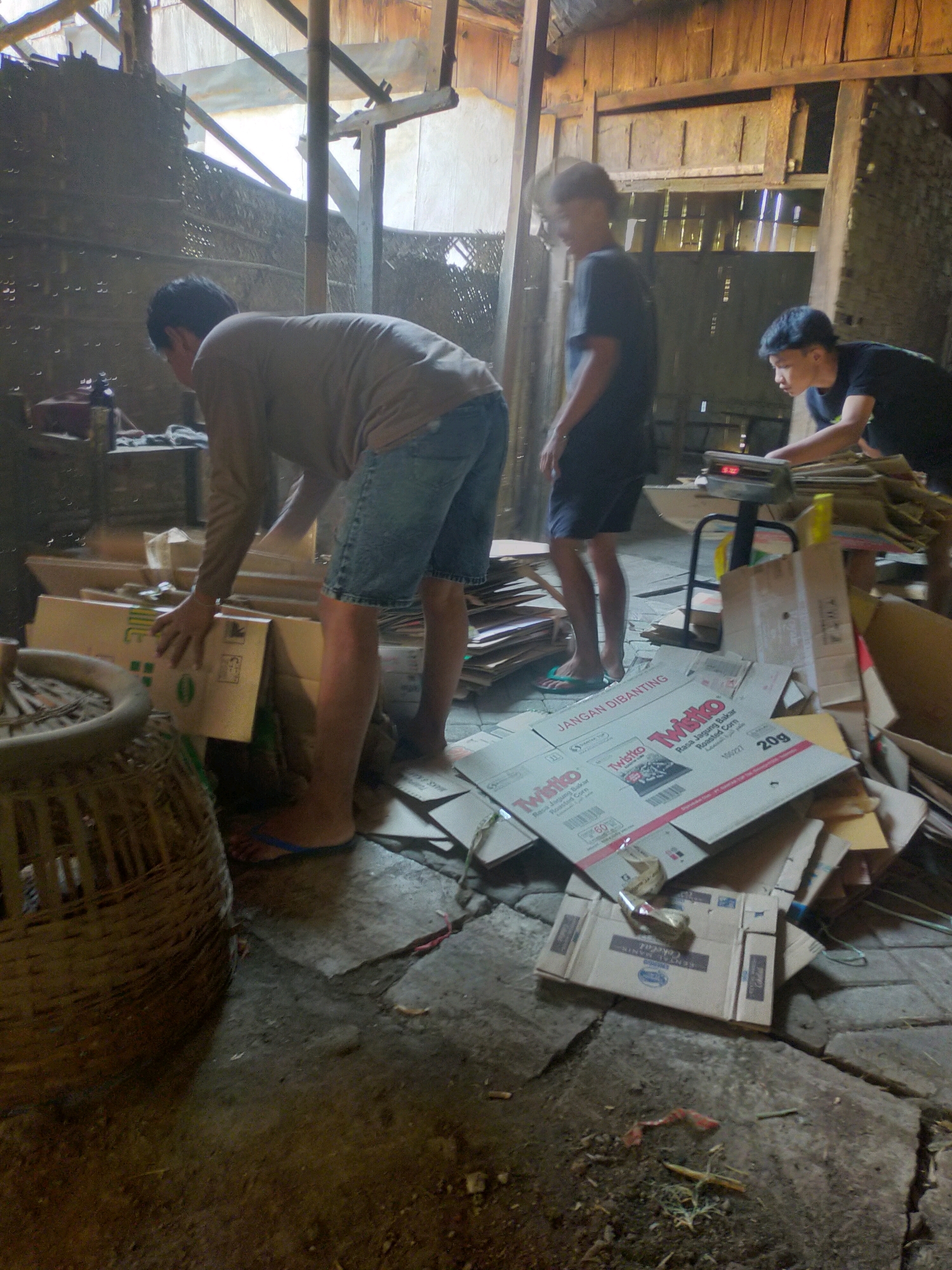 In Mojodanu, Indonesia, three individuals are observed within a dimly lit, rustic indoor space, possibly a workshop or storage area. The floor is concrete and appears uneven, with several cracks. Piles of cardboard boxes, some flattened and others intact, are scattered around the area, suggesting a recycling or packaging operation.
One person, wearing a long-sleeved shirt and denim shorts, is bent over, holding a large cardboard box. To their right, another person in a dark t-shirt and dark shorts stands near a digital scale, which is placed on a metal stand. A third person, also in a dark t-shirt, is seen in the background, partially obscured.
The environment is characterized by exposed wooden beams and woven bamboo walls, indicating a traditional construction style. Natural light filters in from above, illuminating parts of the scene and creating shadows. A large, woven basket is visible in the foreground, adding to the rustic ambiance. The overall impression is one of an active workspace focused on processing cardboard materials.