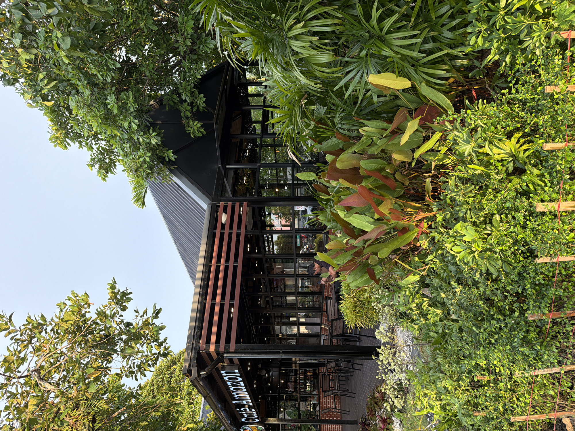 A Cafe Amazon establishment is depicted in Sakhu, Thailand. The building features a black metal roof and is surrounded by lush greenery, including trees and various plants. The cafe has a modern design with glass walls and a wooden deck. Inside, tables and chairs are visible, and some patrons are seated, including a man looking at his phone. The exterior is decorated with planter boxes filled with colorful foliage. The scene is illuminated by natural light, suggesting it is daytime.