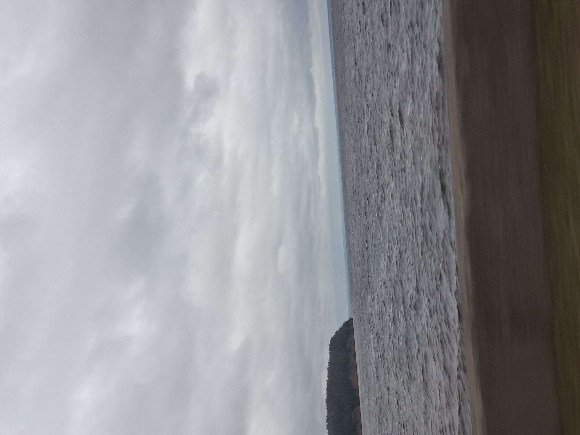 A wide, panoramic shot captures a body of water with a forested landmass on the left horizon under a heavily overcast sky. The water is a dark, choppy grey, with ripples suggesting a moderate wind. The landmass appears to be a peninsula or island covered in dense, dark green trees, with a lighter reddish-brown band visible at its base along the shoreline. The sky is filled with thick, grey clouds, obscuring any hint of blue or sunlight. In the foreground, a blurred, dark brown band runs horizontally across the bottom of the image, likely representing the side of a moving vehicle or structure. The scene is devoid of any human presence. This image appears to be a view of the Volga River near the city of Leninsk, Russia, given its characteristic wide expanse and the presence of forested shores.