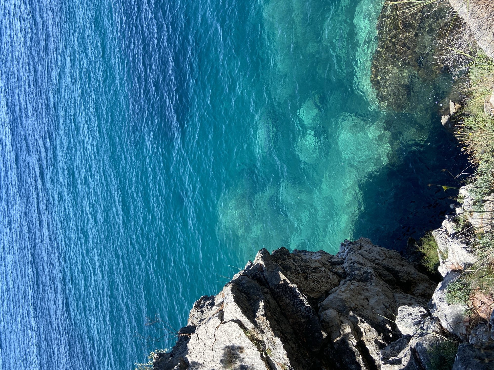 The image shows a view from a rocky cliff overlooking the Adriatic Sea near Sveti Stefan, Montenegro. The water is a vibrant turquoise and deep blue, with visible rocks and the seabed beneath the surface in shallower areas. The cliff face is rugged and grey, with sparse vegetation growing amongst the rocks. The sun is shining, creating ripples and highlights on the water's surface. There are no people or animals visible in the image.