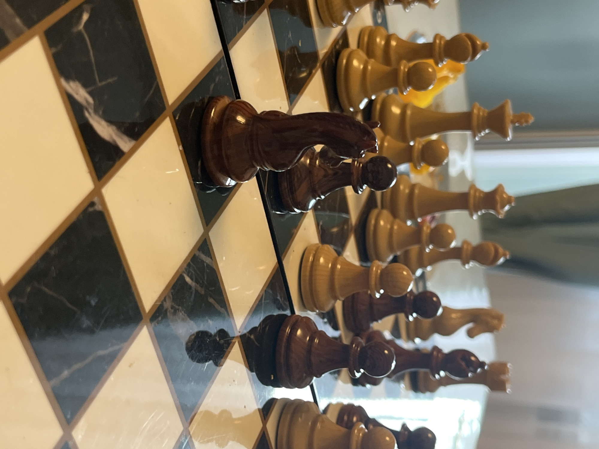 A chess board with light and dark squares sits on a reflective surface. The game is in progress, with several pieces on the board, including pawns, a knight, a bishop, a king, and a queen. The knight in the foreground is dark brown and appears to be in mid-move. The background is blurred, but suggests an indoor setting with light coming from a window. The location of this scene within the city of Kostroma, Russia, is not discernible from the image.