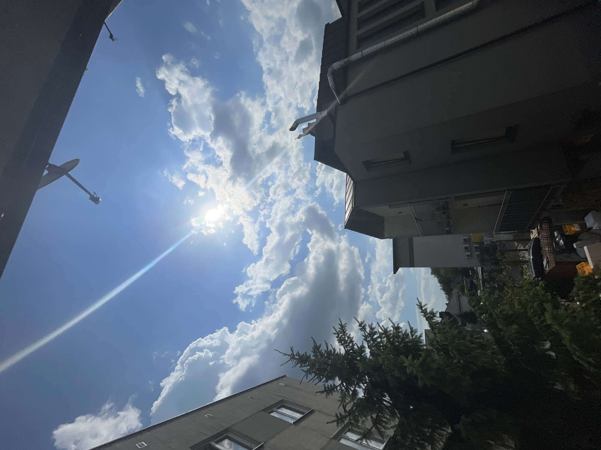 This is a low-angle outdoor shot taken on a sunny day. The sky is a vibrant blue, dotted with fluffy white clouds. The sun is shining brightly, creating a lens flare that streaks across the frame.
In the foreground, we see the tops of two buildings. The building on the left is a dark, monolithic structure that takes up a significant portion of the left side of the image. The building on the right is lighter in color and appears to be an apartment building with visible windows and a gutter system. A section of a coniferous tree with dark green needles is visible in the lower right quadrant of the image, partially obscuring the building.
The overall scene is one of an urban or suburban environment on a clear day. The low angle suggests the photographer is looking upwards, perhaps from ground level or a lower floor of a building. The bright sunlight indicates it is daytime, likely mid-morning to late afternoon. No people are visible in the frame. There is no discernible text in the image.