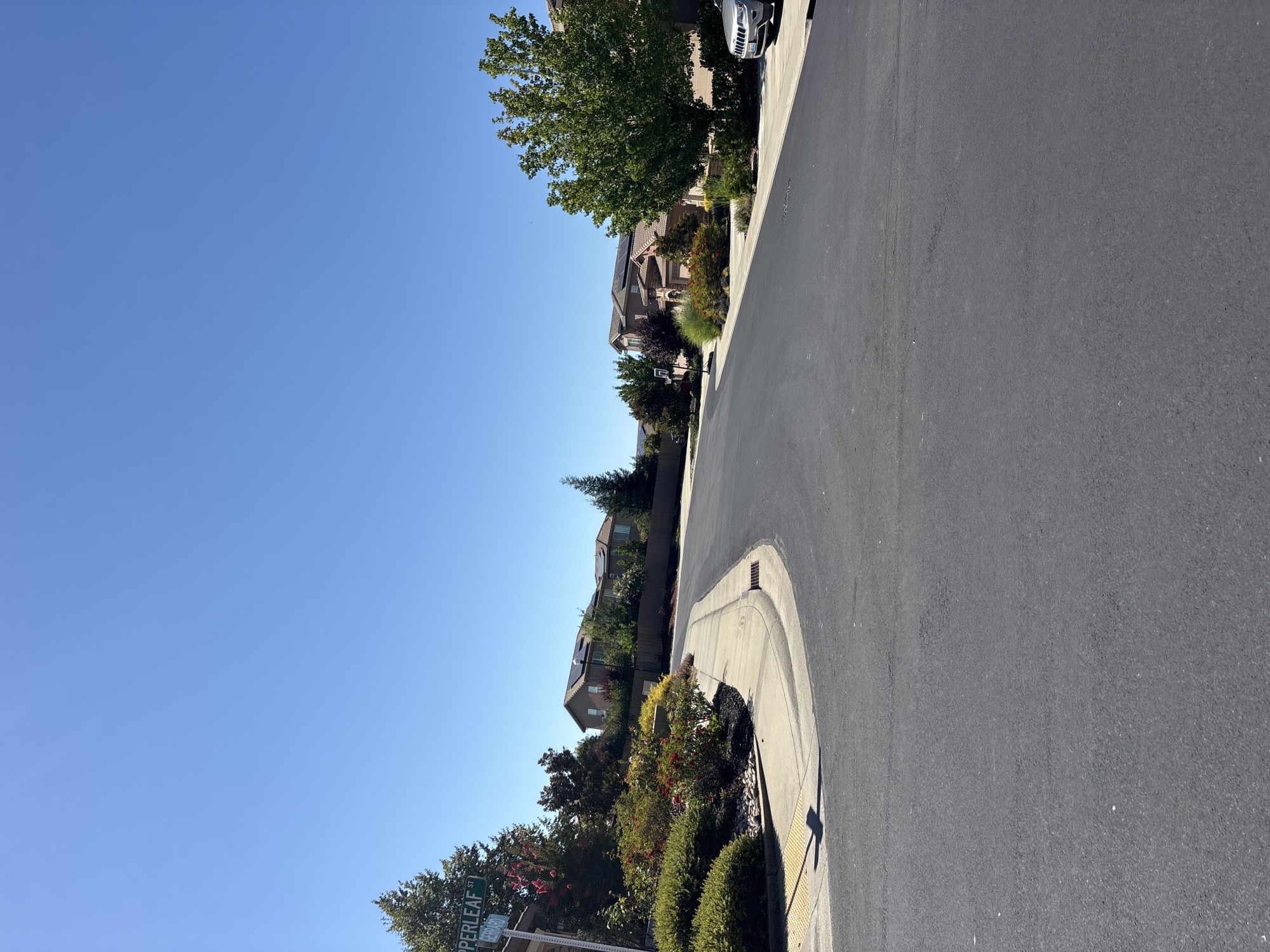 The image shows a street corner in a suburban neighborhood in Roseville, California. The street is paved and curves to the right. There are houses on either side of the street, with manicured lawns and landscaping. A street sign for "COPPERLEAF ST" and "GERRARD ST" is visible on the left side of the image. A silver SUV is parked on the right side of the street. The sky is clear and blue, indicating a sunny day. The overall impression is one of a well-maintained and peaceful residential area.
