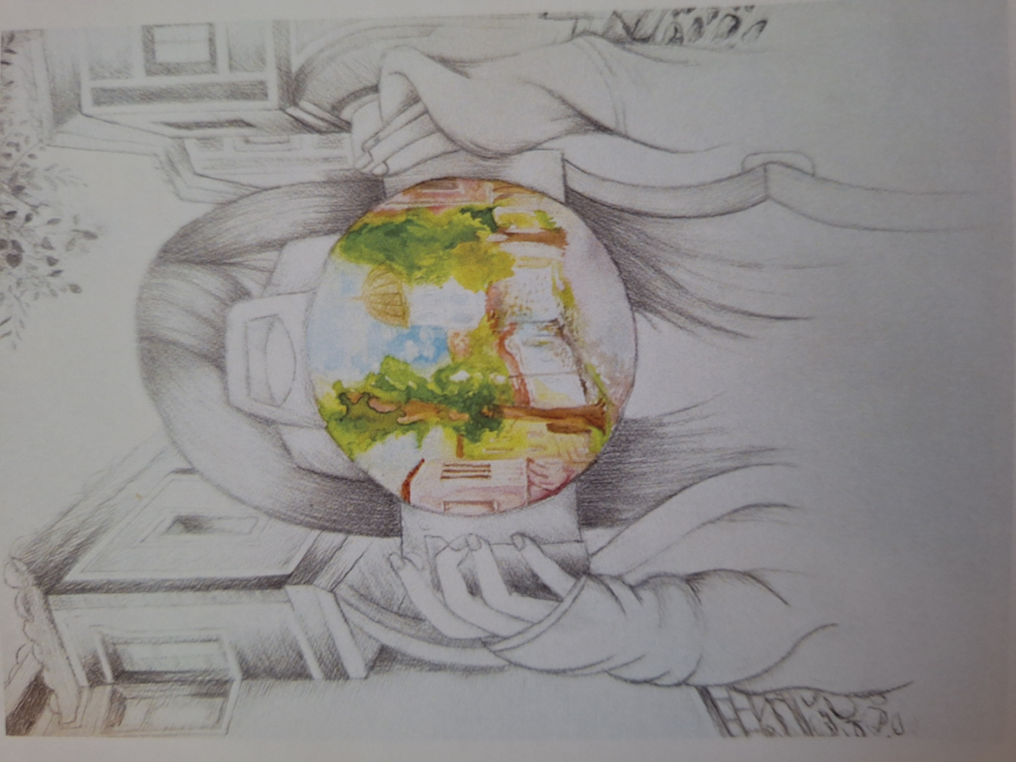 This is a pencil sketch with some watercolor accents depicting a person holding a camera to their face. The sketch is in grayscale, with the image reflected in the camera lens being rendered in color. The reflection shows a European-style street scene with buildings, trees, and a domed structure, possibly a church or mosque. The person's face is not visible, only their hands holding the camera and the outline of their head and shoulders, suggesting they are wearing a hooded garment. The background of the sketch shows architectural elements, suggesting an urban environment. The specific location in the city of Varna, Bulgaria cannot be determined from the provided image.