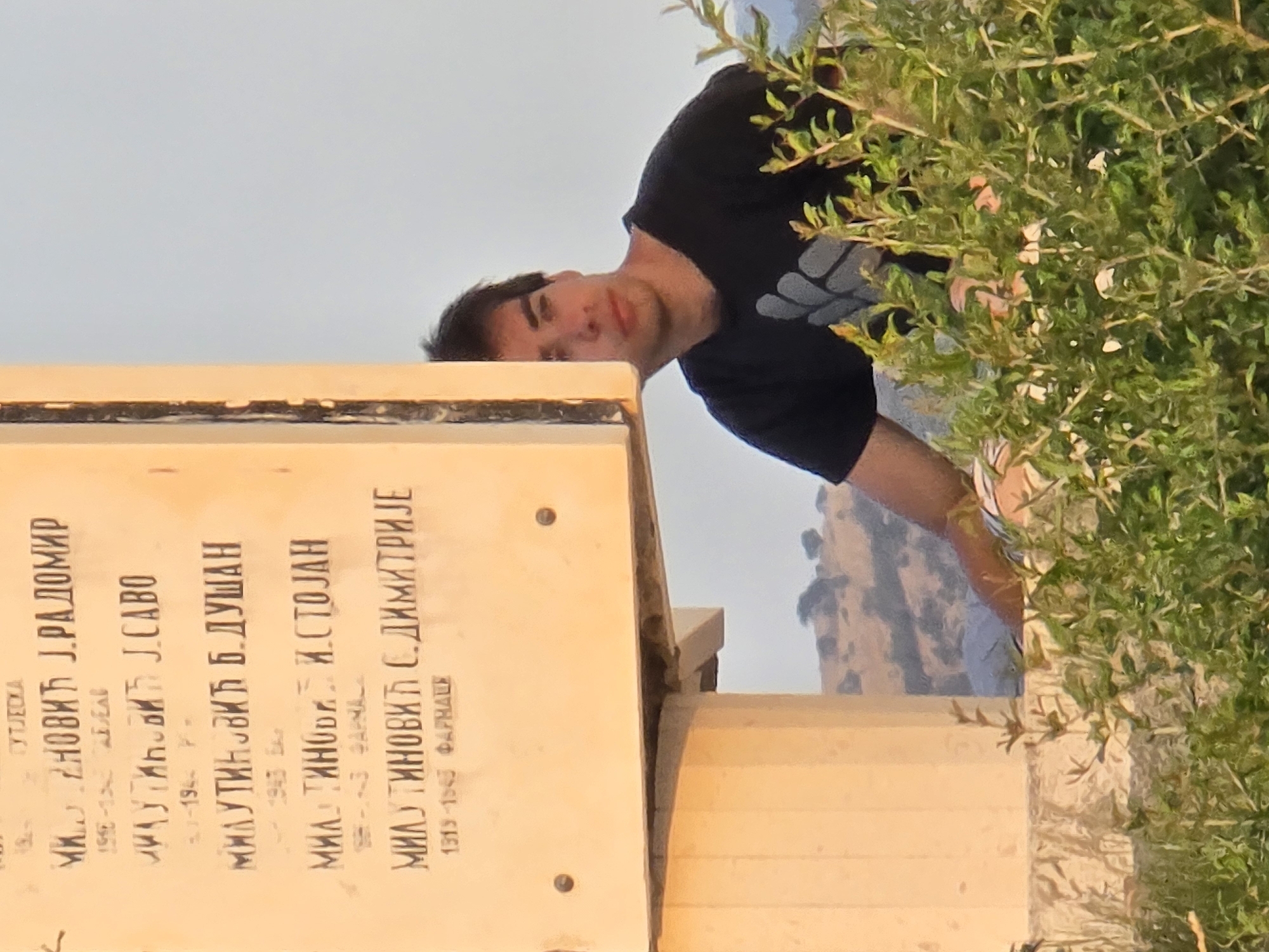 The image shows a young man looking towards the left, with his head and upper torso visible. He is wearing a black t-shirt with a grey graphic design. He is partially obscured by lush green foliage in the foreground and the edge of a monument on the left. The monument appears to be made of stone and has inscriptions in Cyrillic. The background shows a hilly landscape under a clear sky. Based on the inscriptions on the monument, which mention "Podgorica" and names and dates, this scene is likely located in Podgorica, Montenegro. The inscriptions on the monument are:
"ГУТЈЕЧКА"
"МИЛ. ТИНОВИЋ Ј. РАДОМИР"
"1908-1942. АЈДЕАЛ"
"МИЛ. ТИНОВИЋ Ј. САБО"
"1944."
"МИЛ. ТИНОВИЋ Б. ДУШАН"
"1943. БАЈ"
"МИЛ. ТИНОВИЋ И. СТОЈАН"
"1941-1943. ФАРМАШ"
"МИЛ. ТИНОВИЋ С. ДИМИТРИЈЕ"
"1919-1943. ФАРМАШ"