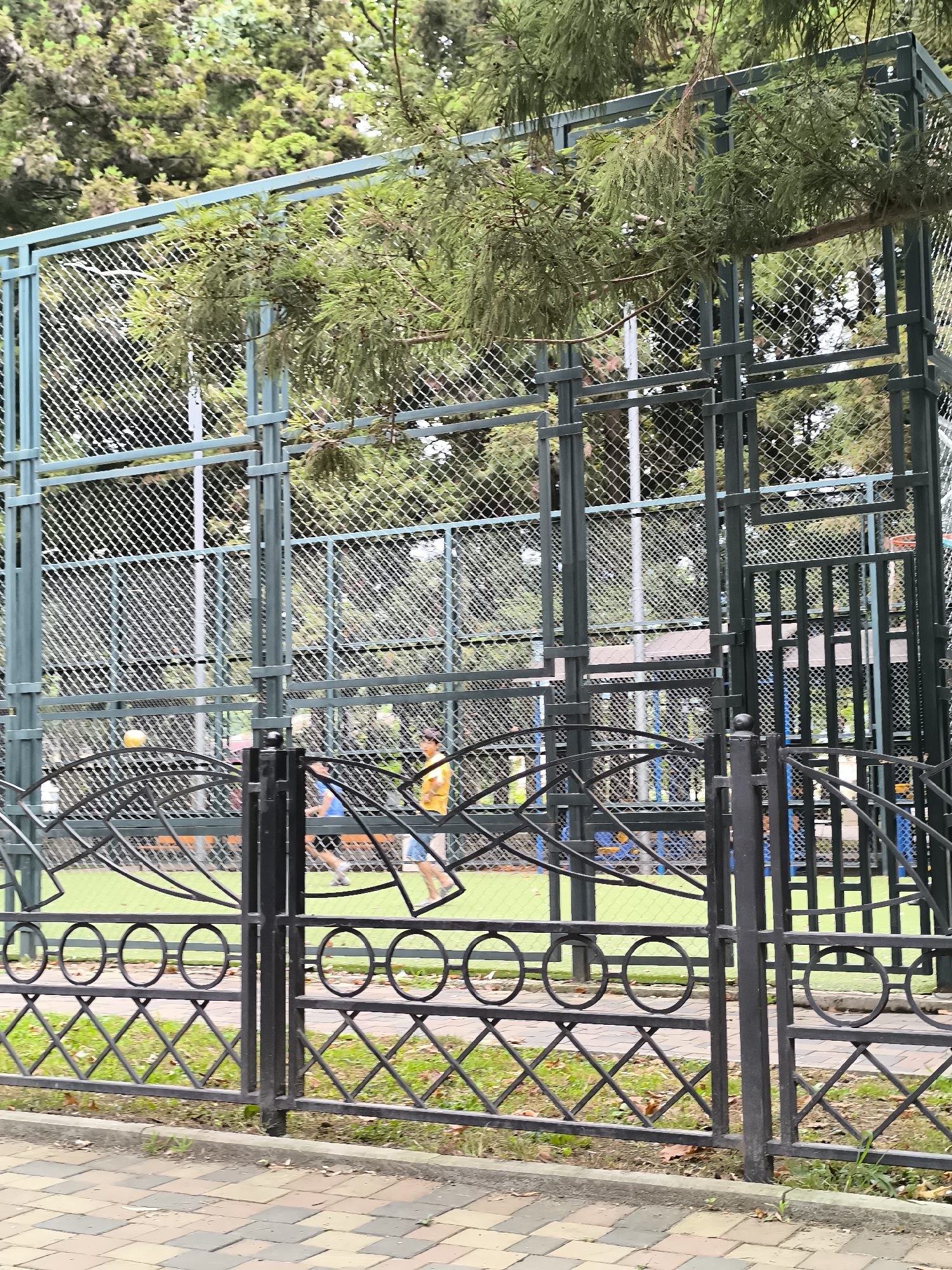 The image depicts a tennis court or similar sports facility enclosed by a metal fence, viewed from a sidewalk paved with multi-colored square tiles. The court surface is green. Two individuals are visible on the court; one in a blue shirt and dark shorts, the other in an orange shirt and blue shorts. Both appear to be engaged in a game, possibly tennis or paddle tennis, with one person in motion. A yellow ball is suspended in mid-air. The facility is bordered by trees, with branches of a conifer tree hanging over the fence in the foreground. The overall scene suggests an outdoor recreational area in Batumi, Georgia.