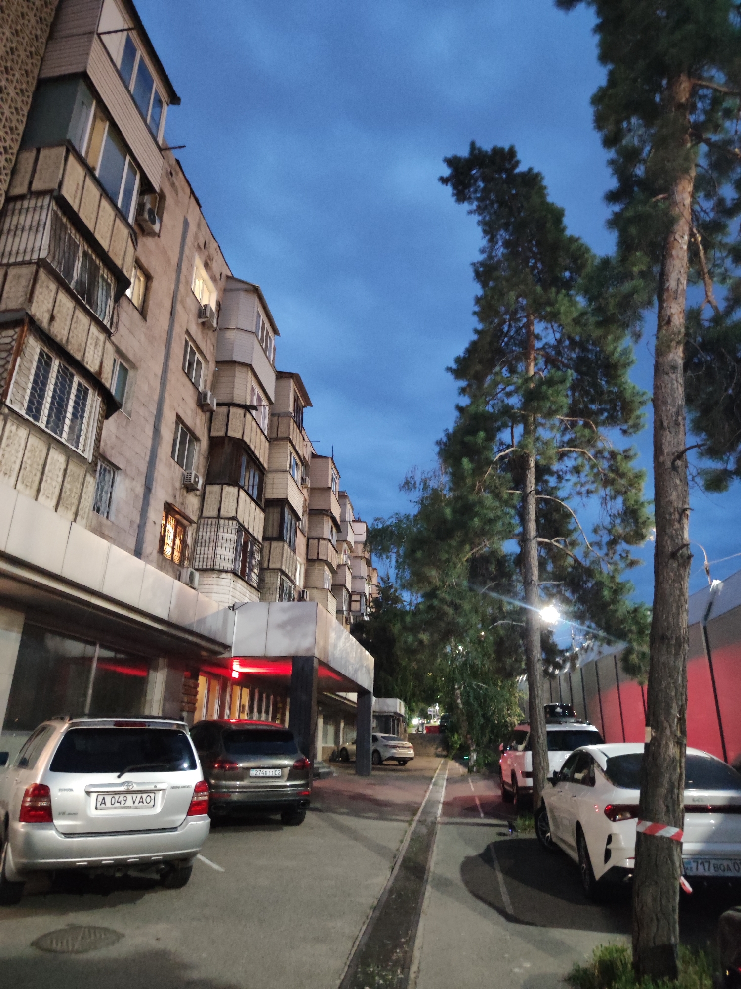 An outdoor, eye-level, full shot captures a residential building and several parked cars in Almaty, Kazakhstan. The building, which appears to be an apartment block, features a light-colored facade with multiple balconies and windows, some of which are illuminated. The sky above is a deep blue, indicating dusk or early evening. In the foreground, two silver SUVs are parked on a paved surface. A dark-colored SUV is parked behind them. Further down the street, several other cars are visible, including white sedans. Tall pine trees are situated between the building and the street, their branches reaching towards the sky. The scene is illuminated by a combination of ambient light from the building and streetlights. A red and white striped ribbon is tied around one of the trees in the foreground.