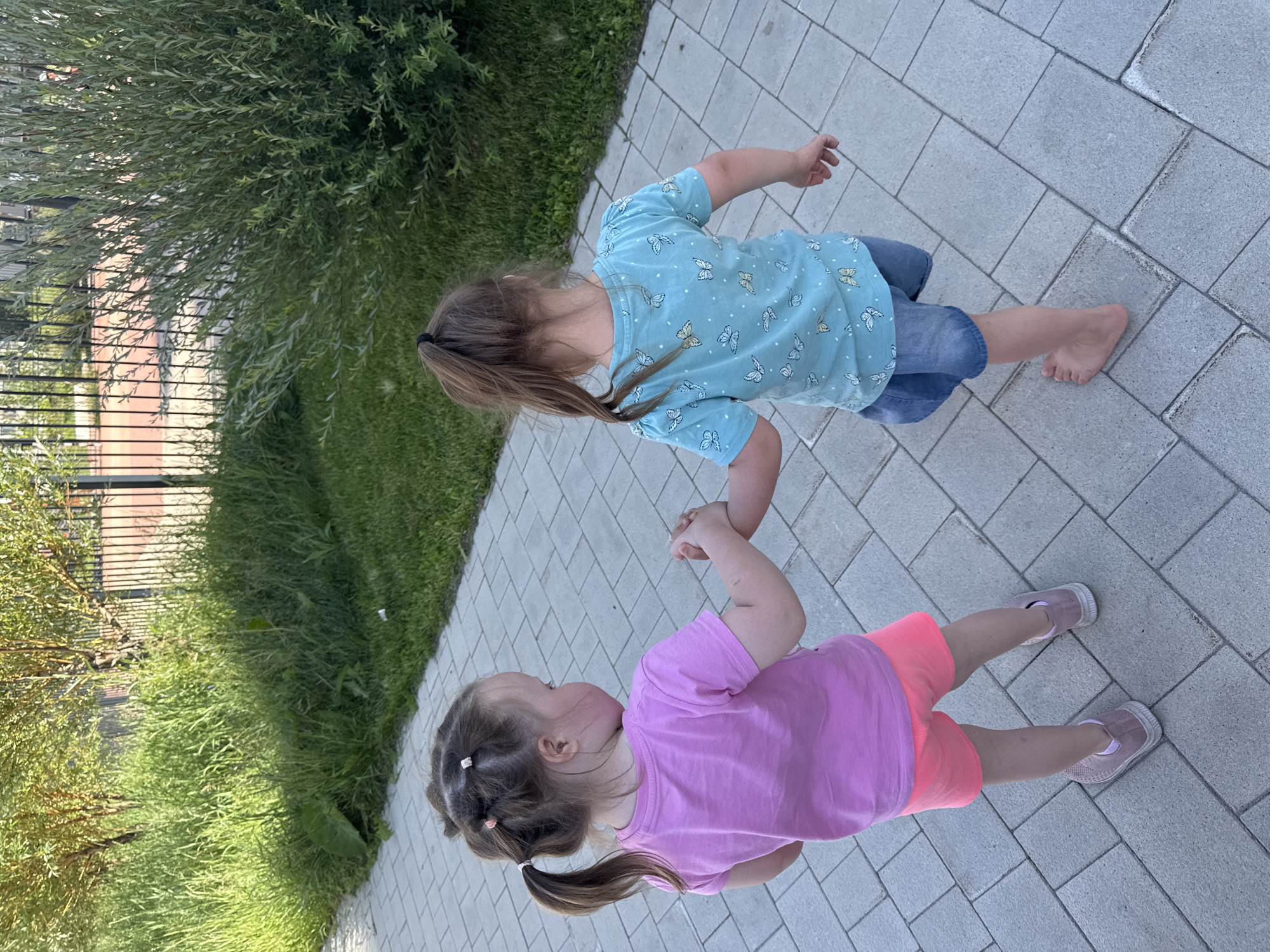 Two young girls are walking on a paved walkway. The girl on the left, facing away from the camera, wears a pink t-shirt and orange shorts, with her hair in two pigtails. The girl on the right, also facing away, wears a blue t-shirt with a butterfly pattern and denim shorts, with her hair in a single ponytail. They are holding hands. The walkway is made of light gray rectangular pavers. To the left of the walkway is a grassy area with tall green grass and trees, and to the right is a dense green shrub. In the background, a black metal fence encloses a reddish-brown surface, possibly a sports court. The scene appears to be in an outdoor, urban or suburban environment.