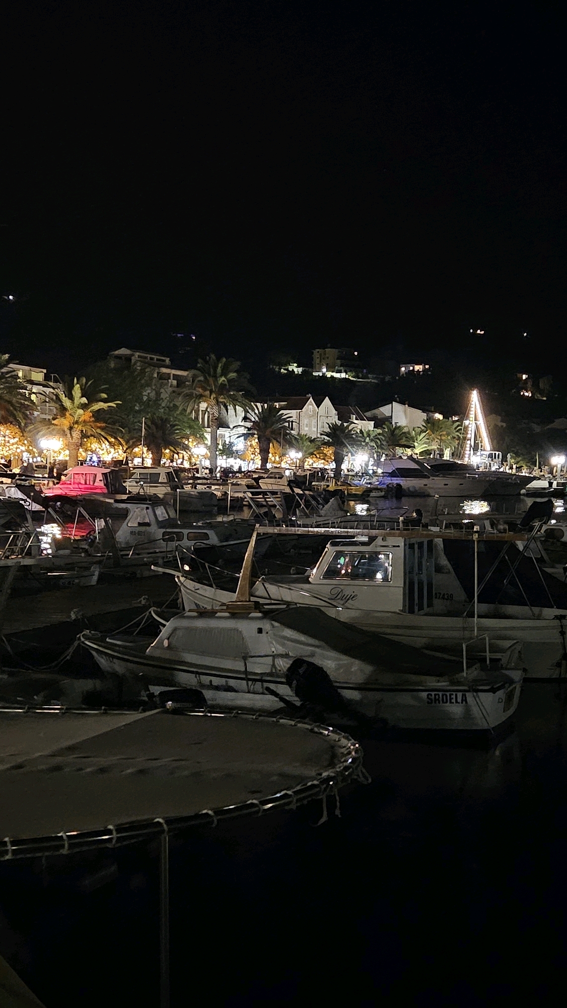 In the dark, a harbor scene in Općina Tučepi, Croatia, is illuminated by artificial lights. Numerous boats are moored in the water, their forms defined by ambient light and reflections on the calm surface. Palm trees line the waterfront, their fronds silhouetted against the night sky. Behind the trees, buildings are visible, some with illuminated windows, suggesting activity within. A tall, illuminated structure resembling a Christmas tree or a beacon stands in the background, adding a festive or navigational element to the scene. The overall atmosphere is serene and tranquil, typical of a coastal town at night.