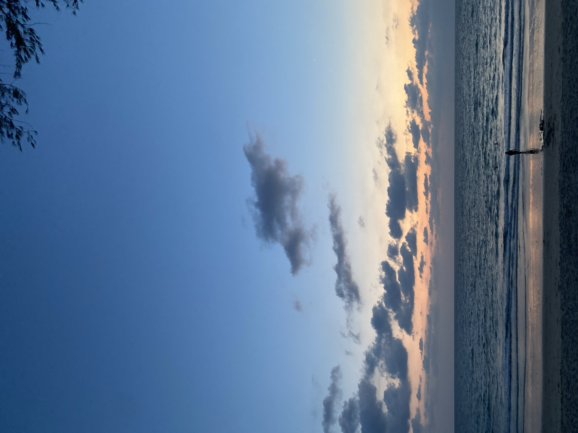 The image depicts a coastal scene, possibly a beach, at dusk or dawn in Choeng Thale, Thailand. The sky transitions from a deep blue to lighter shades with orange and grey clouds. A tree branch is visible in the upper left corner. A figure of a person stands on the shoreline. The sea reflects the colors of the sky.