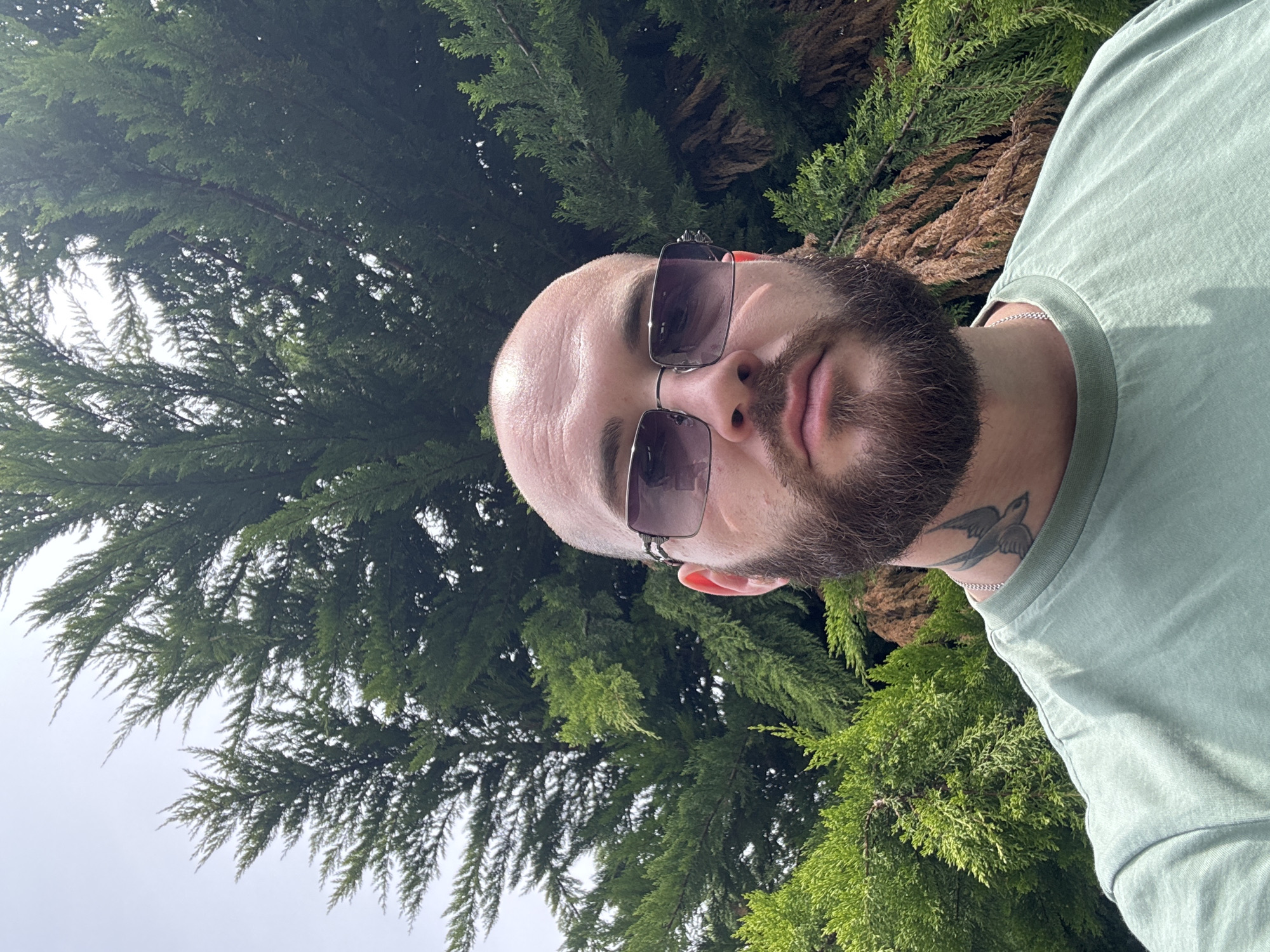A man with a shaved head, a beard, and sunglasses is positioned in front of a green tree. He is wearing a light green t-shirt and a silver chain necklace. A tattoo of a bird is visible on his neck. The location appears to be an outdoor area with dense greenery, possibly a park or garden, but the city is unknown.