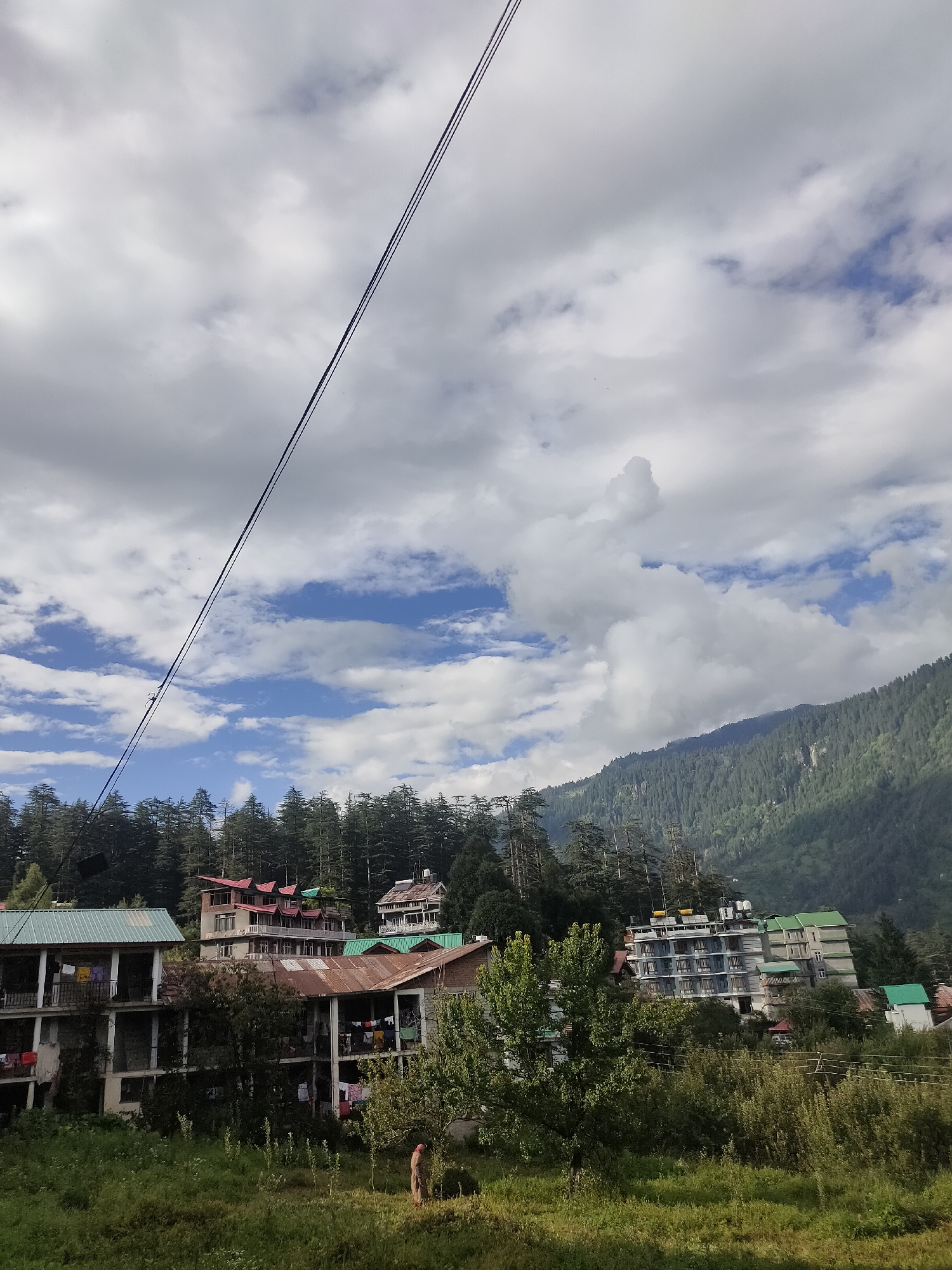 The image depicts a scene in Manali, India, with buildings nestled among lush green trees and a mountain in the background. The sky is filled with white and grey clouds. In the foreground, a grassy area is visible with some vegetation and a person standing in the grass. Several buildings, likely hotels or guesthouses, are scattered throughout the frame, some with tin roofs and others with more modern architecture. The buildings appear to be several stories high and are surrounded by dense foliage. A thick forest of pine trees covers the slopes of the mountain. A power line stretches diagonally across the upper portion of the image.