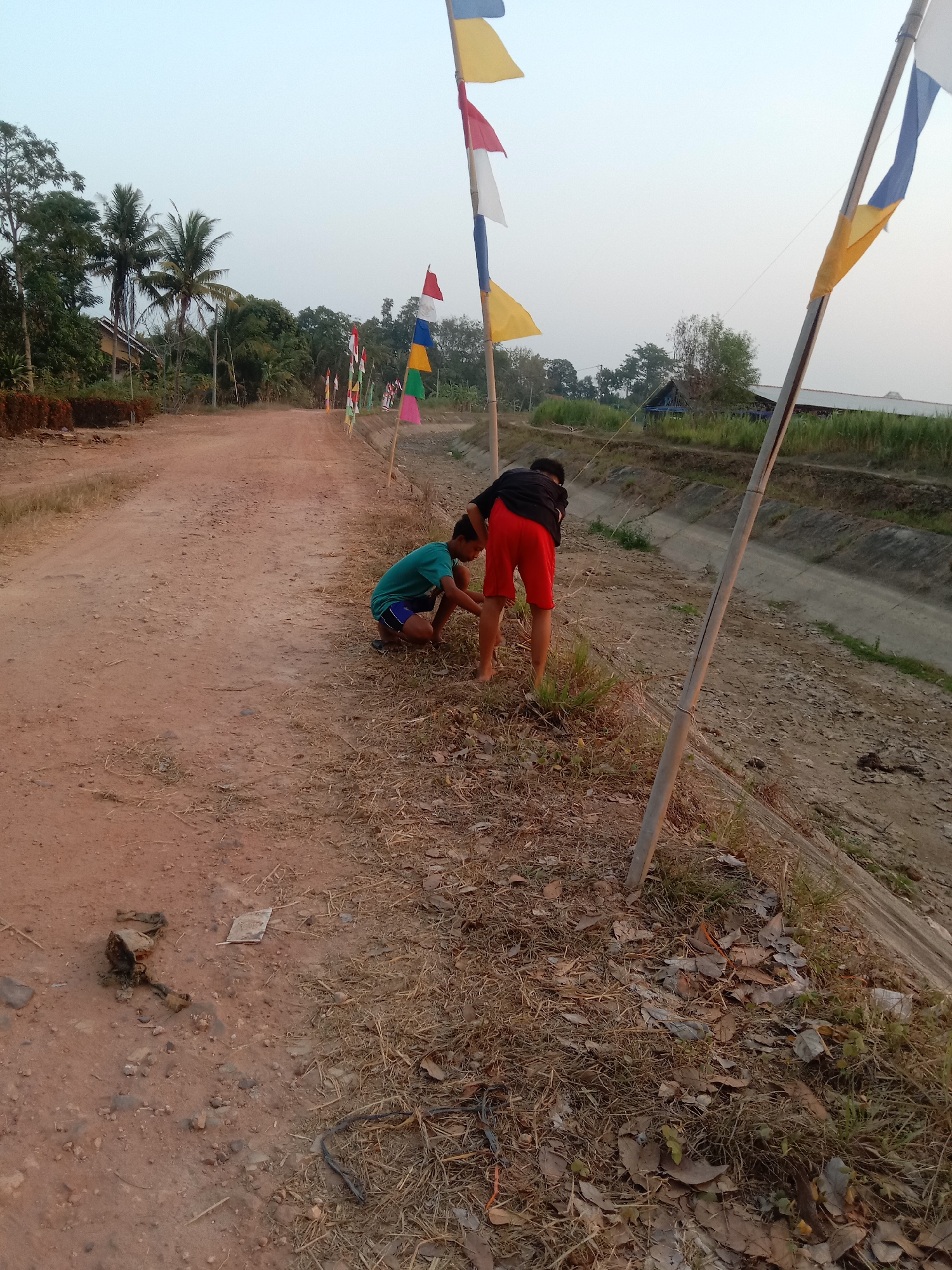 In the city of Utama Jaya Mataram, Indonesia, two young individuals are observed on a dirt road. One person, clad in a turquoise t-shirt and blue shorts, is crouched down, appearing to interact with the ground. To their right, another individual, wearing a black t-shirt and red shorts, is also bent over, facing the same direction as the first person. Both are positioned near a grassy embankment that runs alongside a drainage ditch. The environment is characterized by dry vegetation, scattered leaves, and a dusty dirt road. A series of colorful flags are visible in the distance, lined up along the side of the road, suggesting a festive or ceremonial occasion. The sky is overcast, indicating it may be early morning or late afternoon. The presence of palm trees and other tropical foliage further confirms the location's environment.