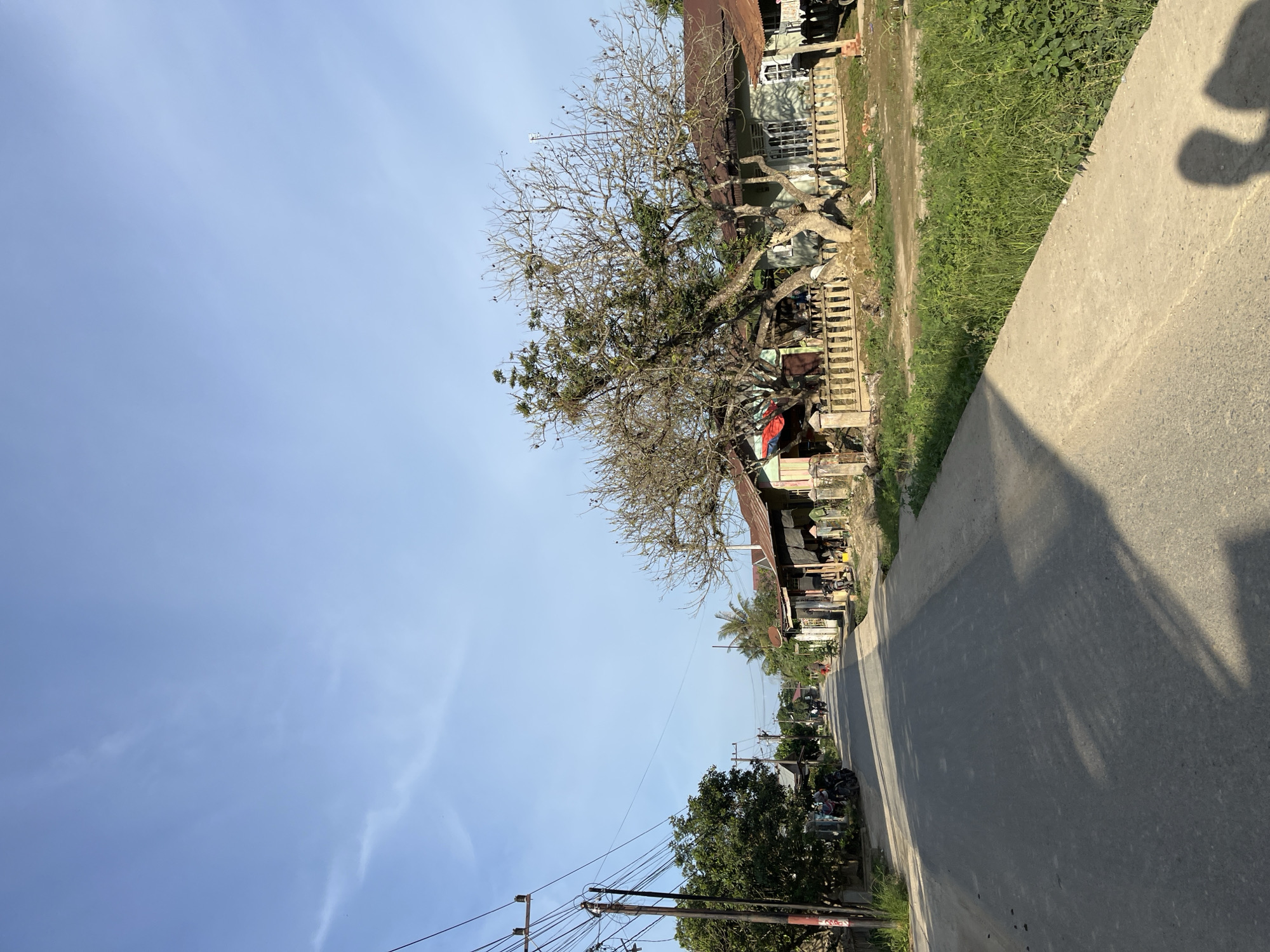 The image depicts a street scene in Landuh, Indonesia, under a clear blue sky with scattered wisps of clouds. The road, paved with asphalt, curves gently into the distance. On the right side of the road, a concrete path runs alongside a stretch of lush green grass. A large, bare-branched tree stands prominently in front of several houses with corrugated iron roofs. These houses appear to be single-story structures, some with visible fences. On the left side of the road, utility poles with numerous wires stand tall, and green trees are visible. Several motorcycles are parked on the left side of the road, and a few people are seen in the distance walking along the street. The lighting suggests it is daytime, with shadows cast across the road from the trees and possibly the photographer.