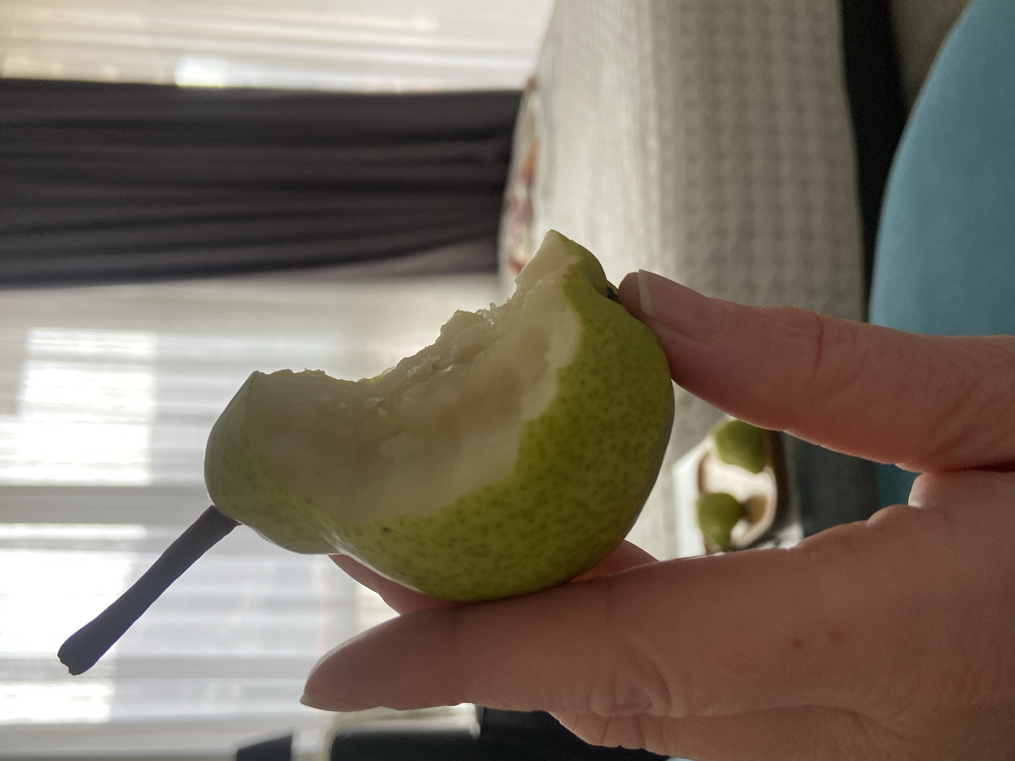 A partially eaten green pear with a dark stem is being held by a fair-skinned hand. The backdrop includes a blurry white patterned surface, possibly a tablecloth or curtain, and a dark curtain. A window with horizontal blinds is visible in the background, suggesting an indoor setting. The location in Budva, Montenegro, cannot be determined from this image.