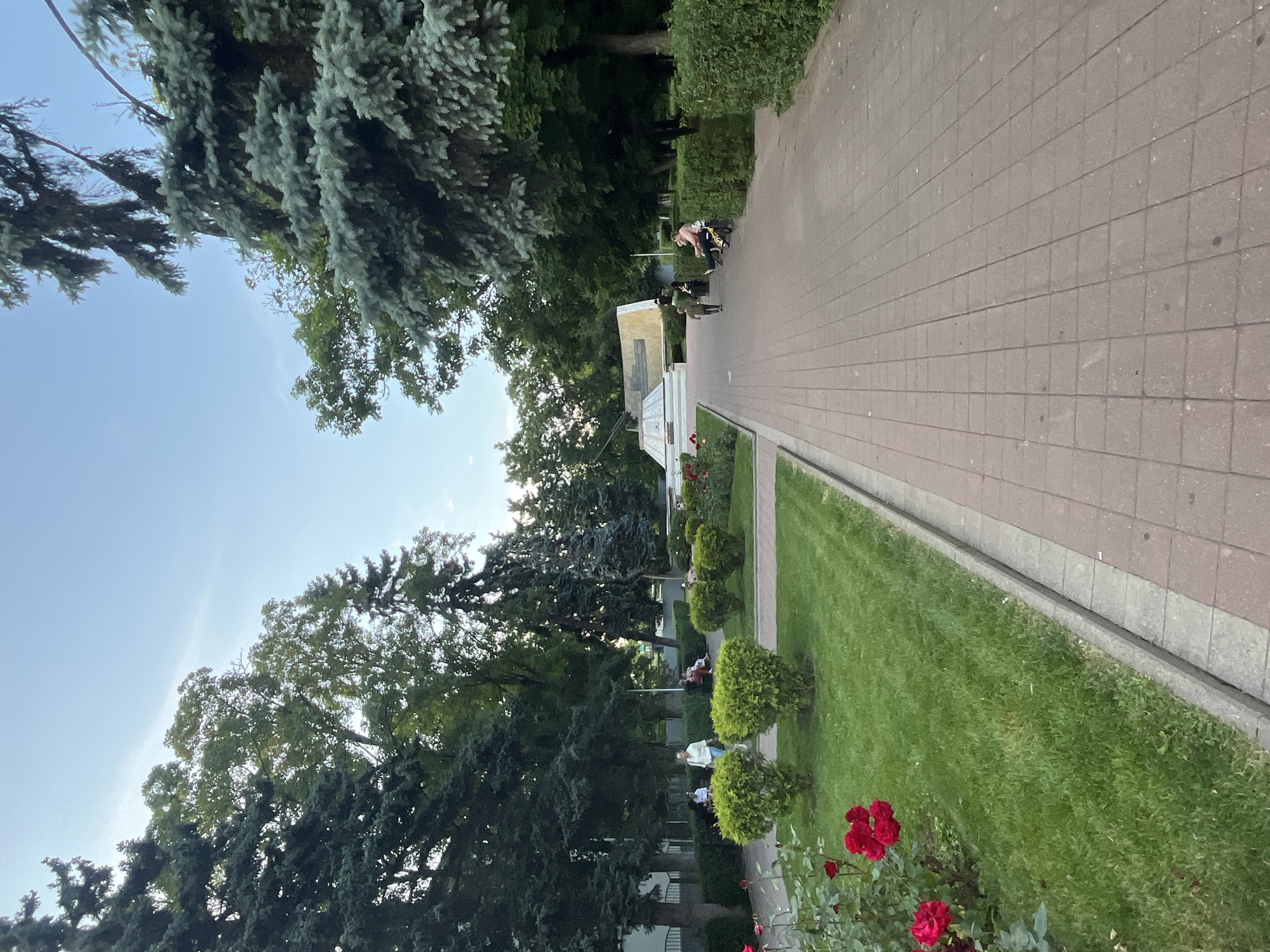 The image depicts a park in Krasnodar, Russia, during the late afternoon or early evening. A paved walkway, constructed with reddish-brown bricks, extends from the foreground into the distance, curving slightly to the right. To the left of the walkway is a well-maintained lawn with several small, manicured green bushes. In the foreground on the left, a rose bush with red roses is visible. Beyond the lawn, a line of larger, neatly trimmed hedges separates the park area from what appears to be a residential building or a fence in the background.
Several individuals are scattered throughout the scene. In the middle ground, a woman in a white top and light-colored pants walks away from the camera. Further in the distance, along the walkway, a group of people are seated on benches, engaged in conversation or resting. A young child in a green shirt is walking away from the camera on the walkway. To the right of the walkway, dense green trees and hedges form a natural boundary.
In the background, a white monument with a plaque is visible, suggesting a public space of historical or memorial significance. The sky above is a pale blue with a few wispy clouds. The overall atmosphere is peaceful and serene, characteristic of a public park in the early evening.