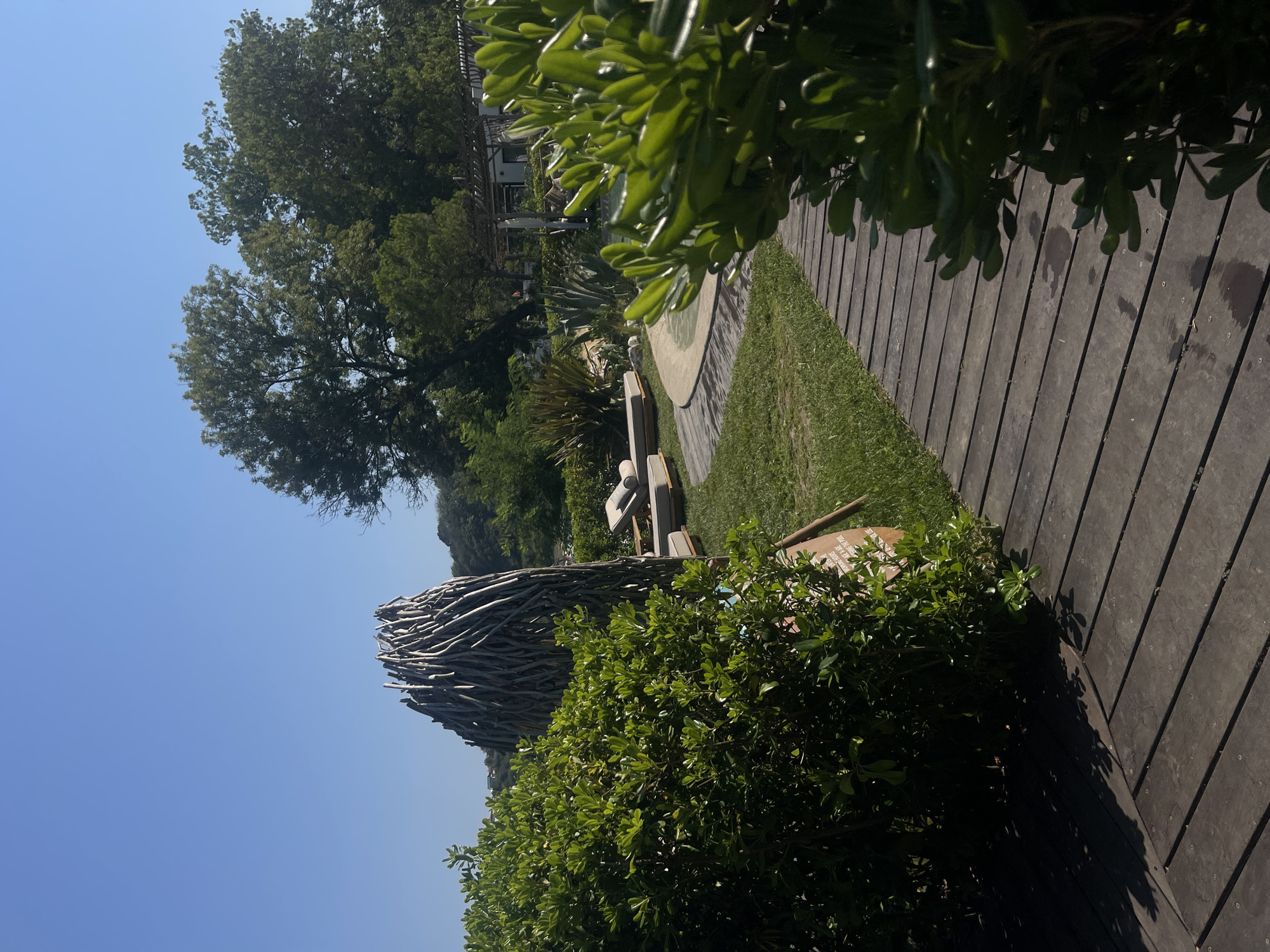 The image depicts an outdoor area, possibly a resort or spa, bathed in bright sunlight under a clear blue sky. In the foreground, a wooden walkway made of dark planks curves to the right, partially obscured by lush green foliage on the left and right sides. Behind the foliage, a large, abstract sculpture made of driftwood stands prominently.
Further into the scene, a manicured lawn is dotted with two modern lounge chairs situated next to a circular pool or hot tub. Various types of vegetation, including succulents and taller, spiky plants, surround the pool area. In the background, mature trees with dense canopies create a natural backdrop, and a glimpse of a white building with a pergola suggests an architectural element within the landscape. A signpost is partially visible near the driftwood sculpture. The overall impression is one of a tranquil, well-maintained outdoor recreational space. The location is identified as being in Chernomorets, Bulgaria.