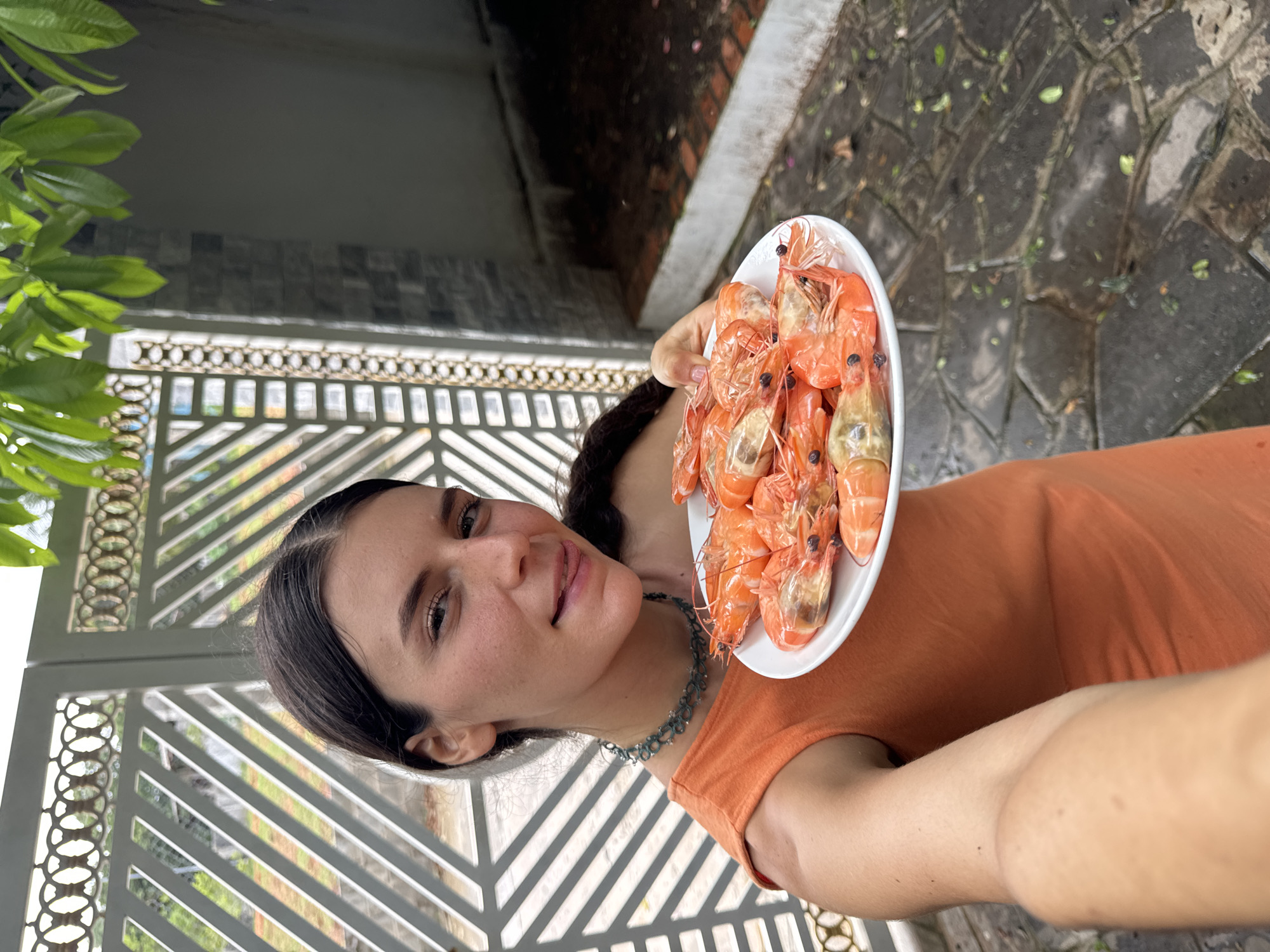 The image, originally oriented sideways, depicts a young woman holding a plate of cooked prawns in an outdoor setting during the daytime. The woman, shown from the chest up, has dark hair pulled back and looks towards the camera with a slight smile. She is wearing an orange sleeveless top and a dark, intricate necklace, possibly made of beads or small stones. She holds a white plate in her left hand, which is filled with a large quantity of bright orange and red cooked prawns.
The background reveals a vibrant green plant with large leaves on the left. In the mid-ground, there is a decorative white metal fence or gate featuring a pattern of circles and parallel bars. Beyond the fence, a dark, textured ground, possibly paved with stones and scattered with leaves, is visible. Above the fence on the right, there is a grey tiled wall. The bright lighting suggests it is daytime. The overall scene conveys a casual, pleasant outdoor moment, likely associated with a meal. There is no visible text in the image. The provided location context is Mũi Né, Vietnam.